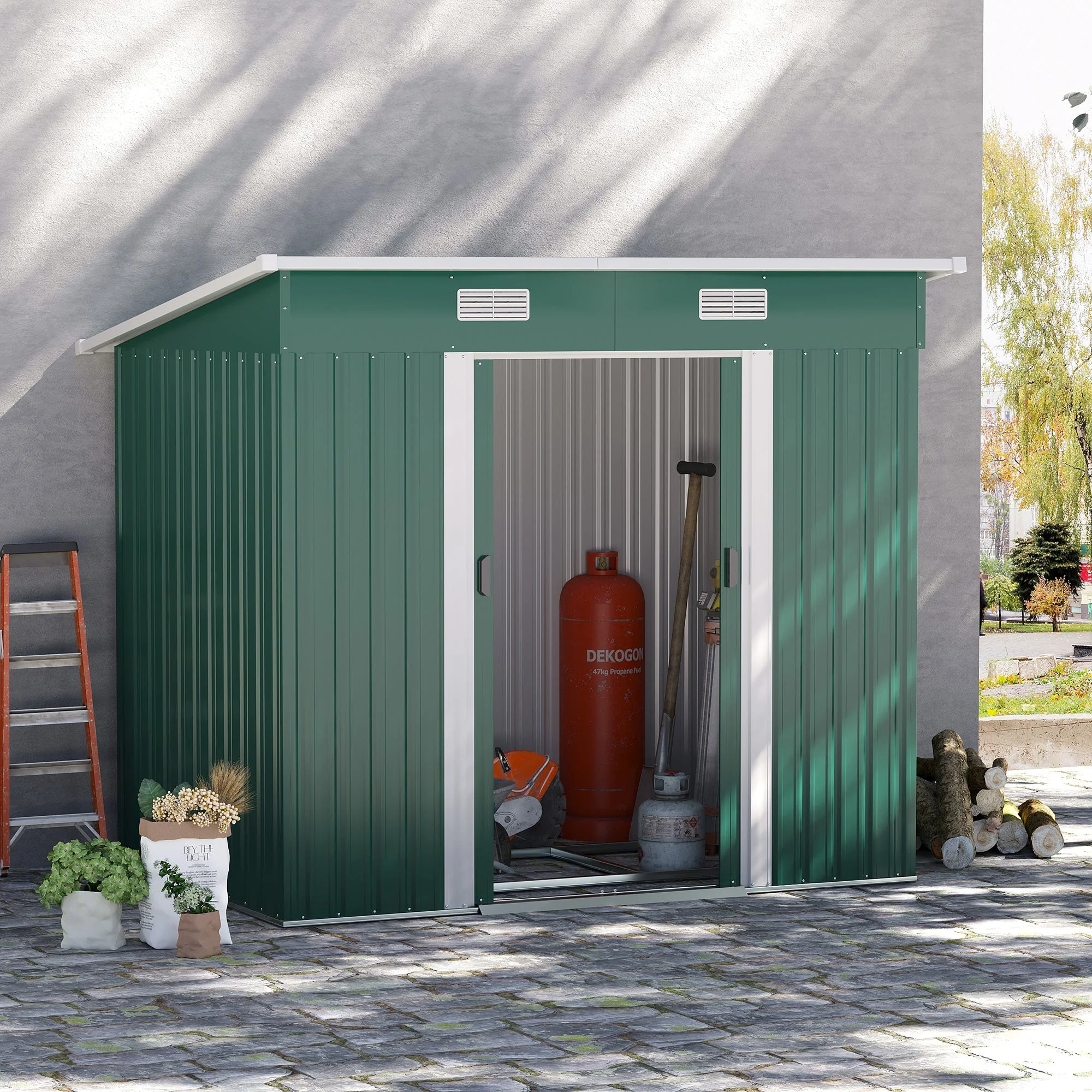 Galvanised 7 x4' Double Door Pent Garden Store Steel Green by Steadfast - Image 2