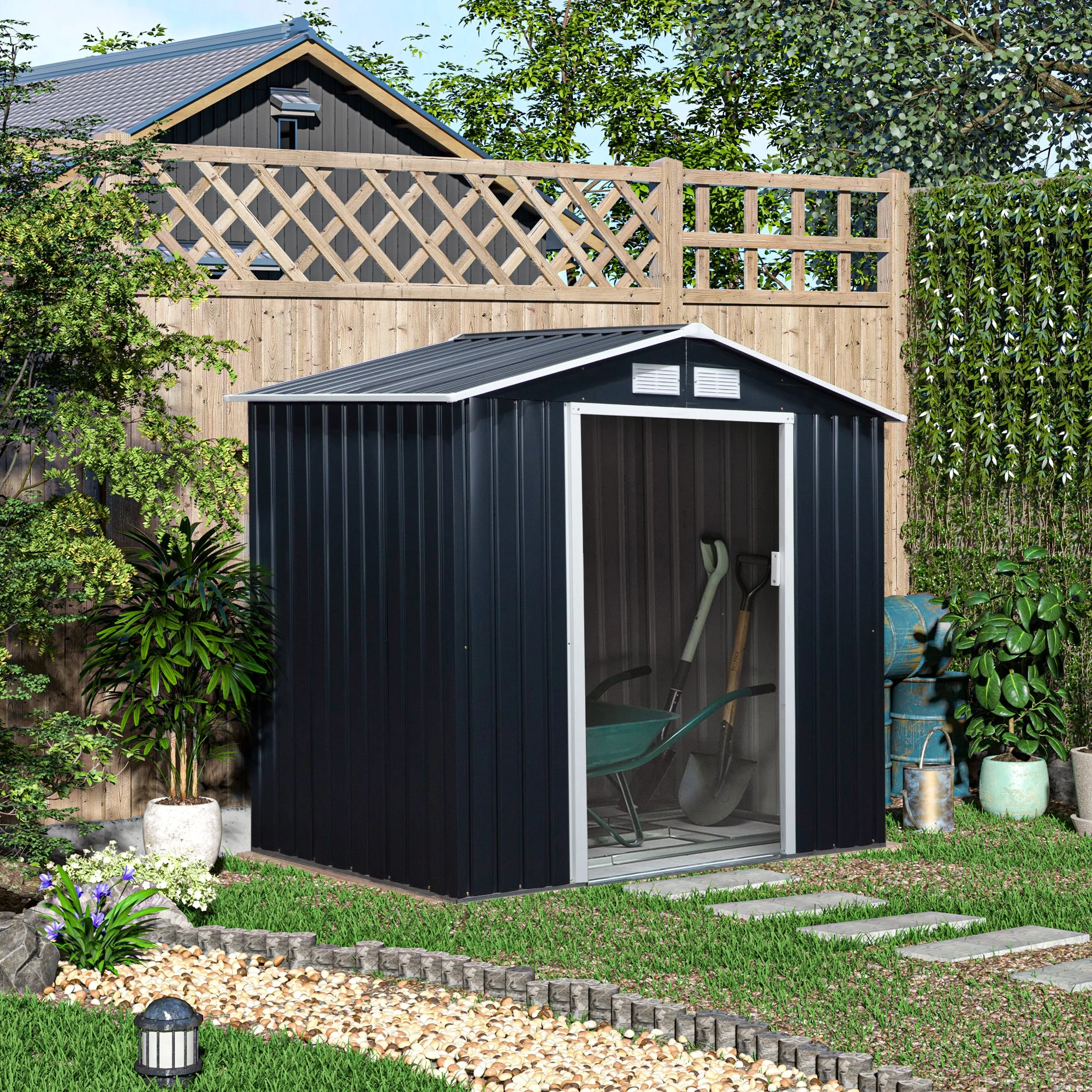 Galvanised 7x 4' Double Door Apex Garden Store Lockable Steel Dark Grey by Steadfast