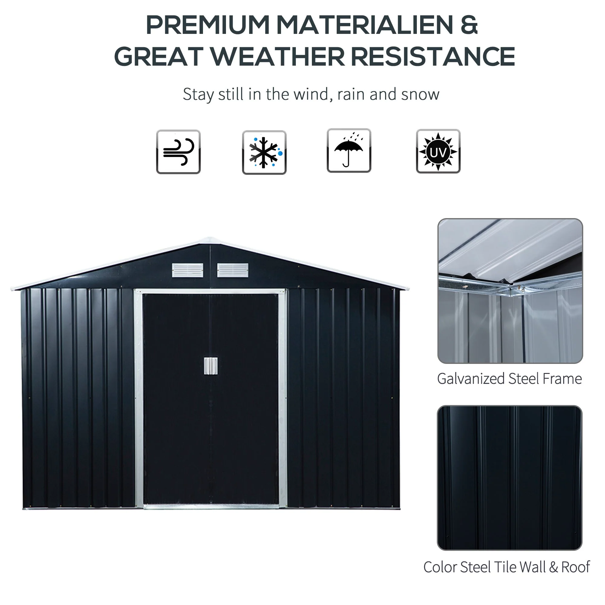 Galvanised 9 x 6' Double Door Apex Garden Shed With Ventilation Steel Dark Grey by Steadfast - Image 4