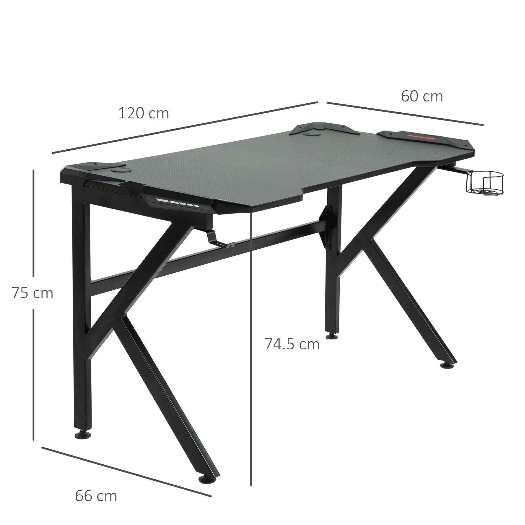 Gaming desk with Cup Holder Headphone Hook Feet Adjustable 120 x 66 x 75cm Black - Image 3