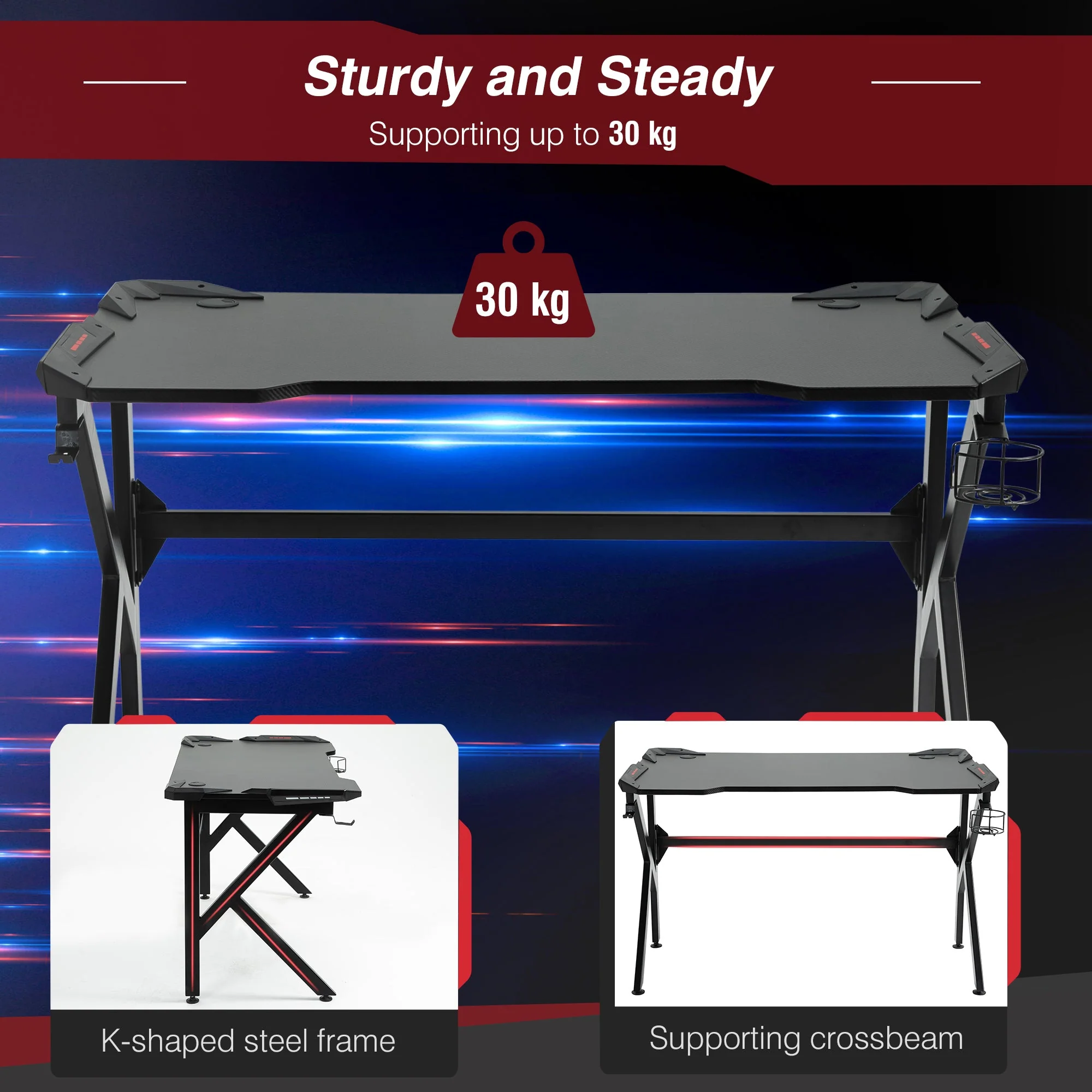 Gaming desk with Cup Holder Headphone Hook Feet Adjustable 120 x 66 x 75cm Black - Image 5