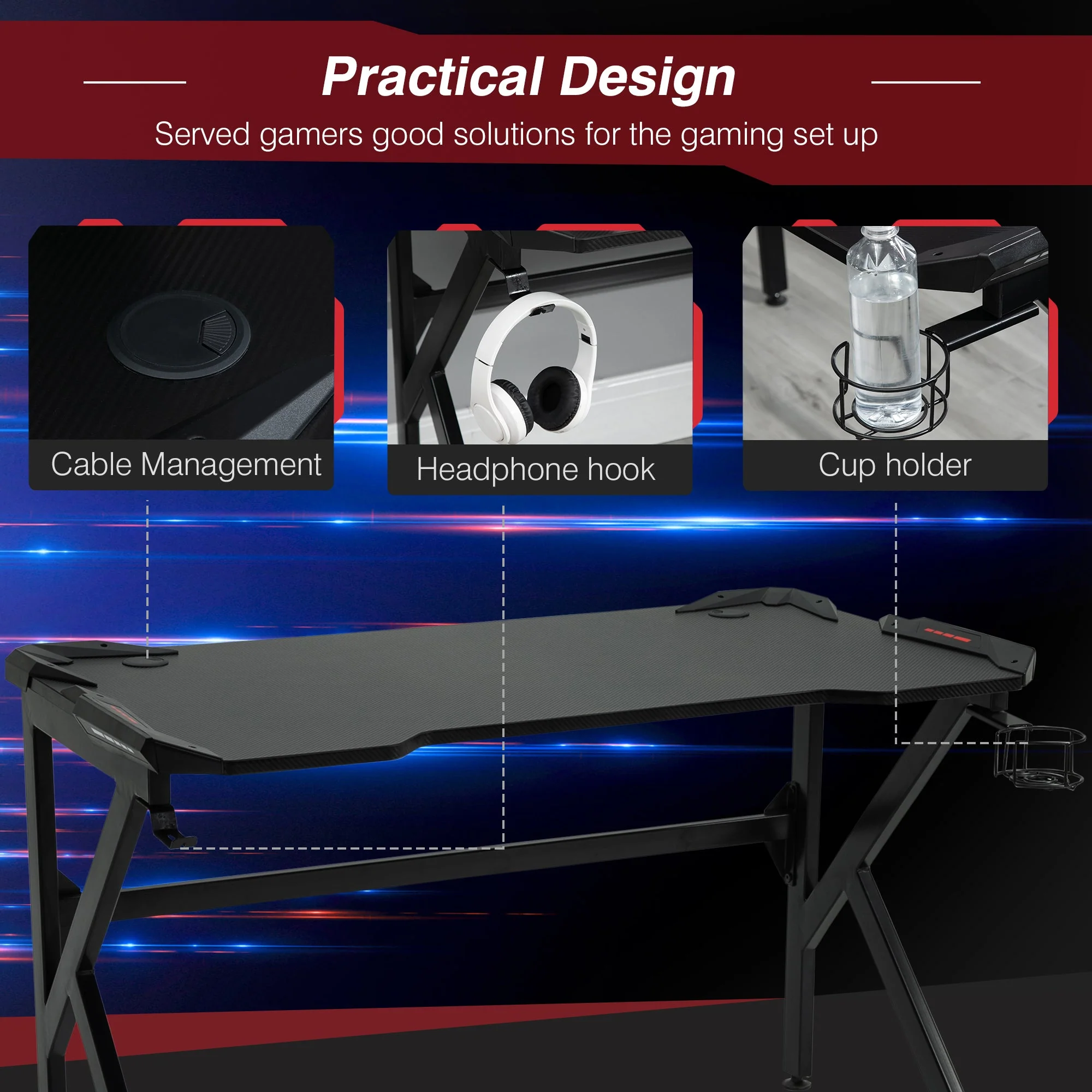 Gaming desk with Cup Holder Headphone Hook Feet Adjustable 120 x 66 x 75cm Black - Image 6