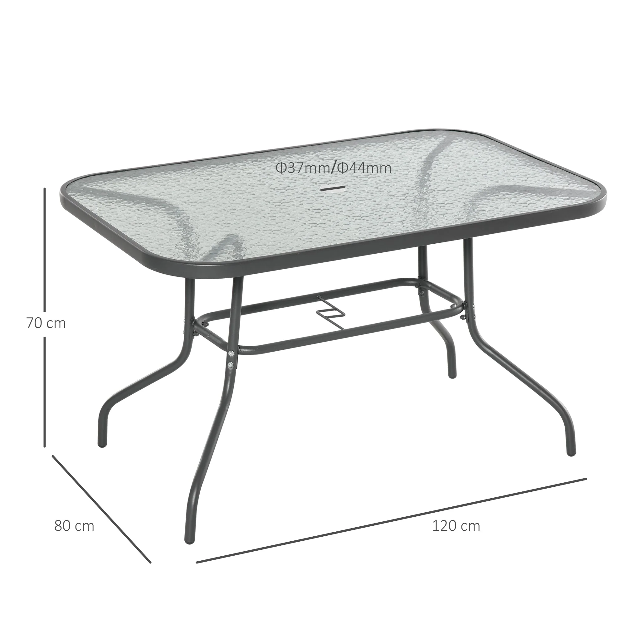 Garden Dining Table Glass Top Metal Frame with Parasol Hole Outdoor Balcony Grey 120L x 80W cm - Image 2
