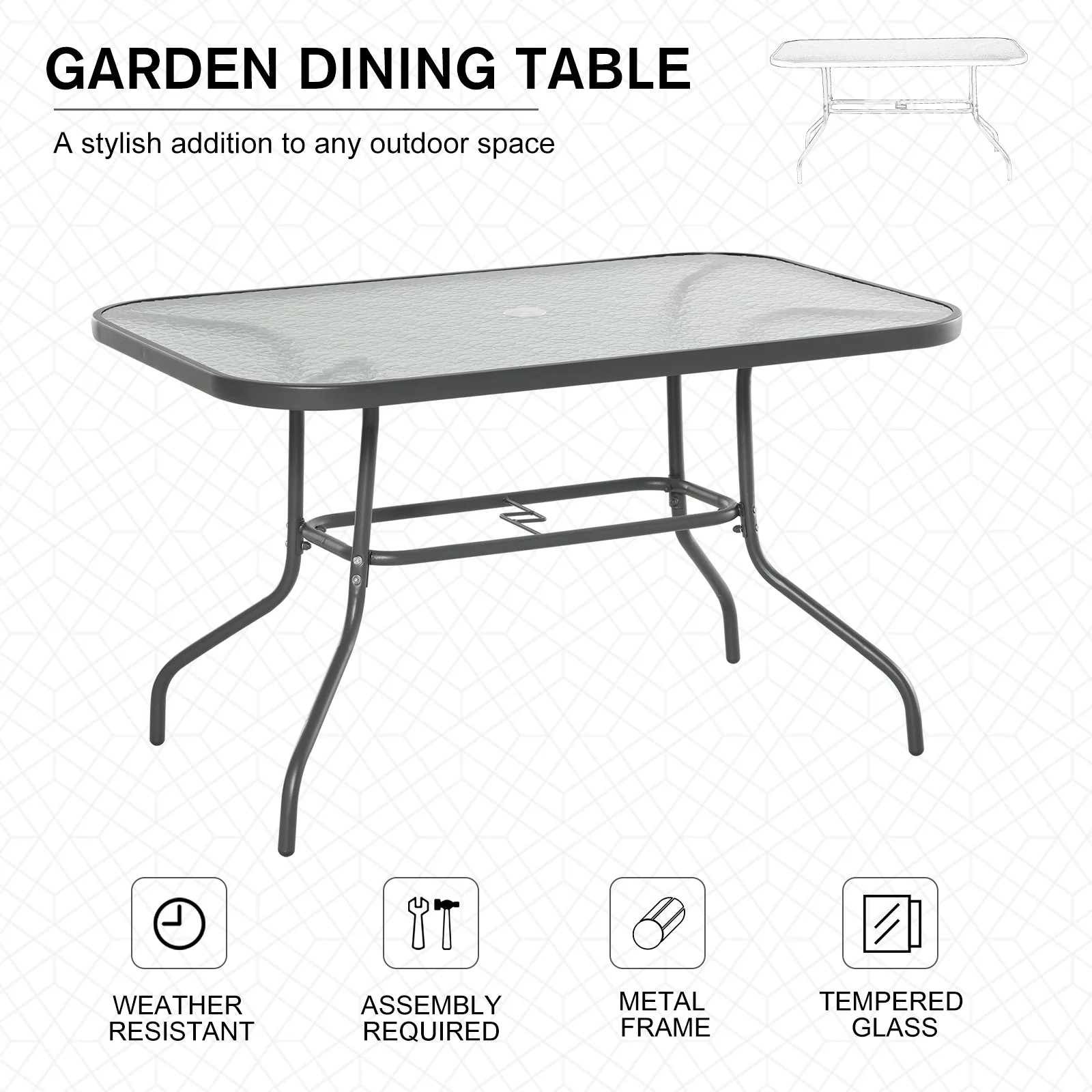 Garden Dining Table Glass Top Metal Frame with Parasol Hole Outdoor Balcony Grey 120L x 80W cm - Image 3