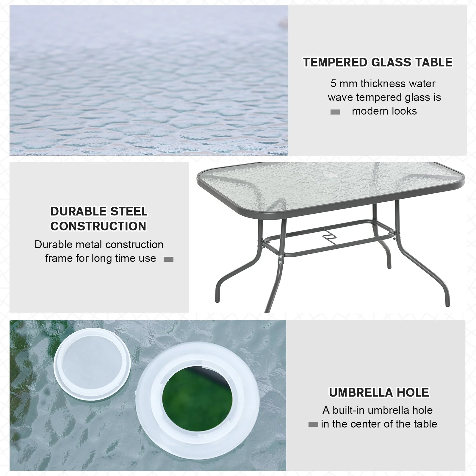 Garden Dining Table Glass Top Metal Frame with Parasol Hole Outdoor Balcony Grey 120L x 80W cm - Image 4