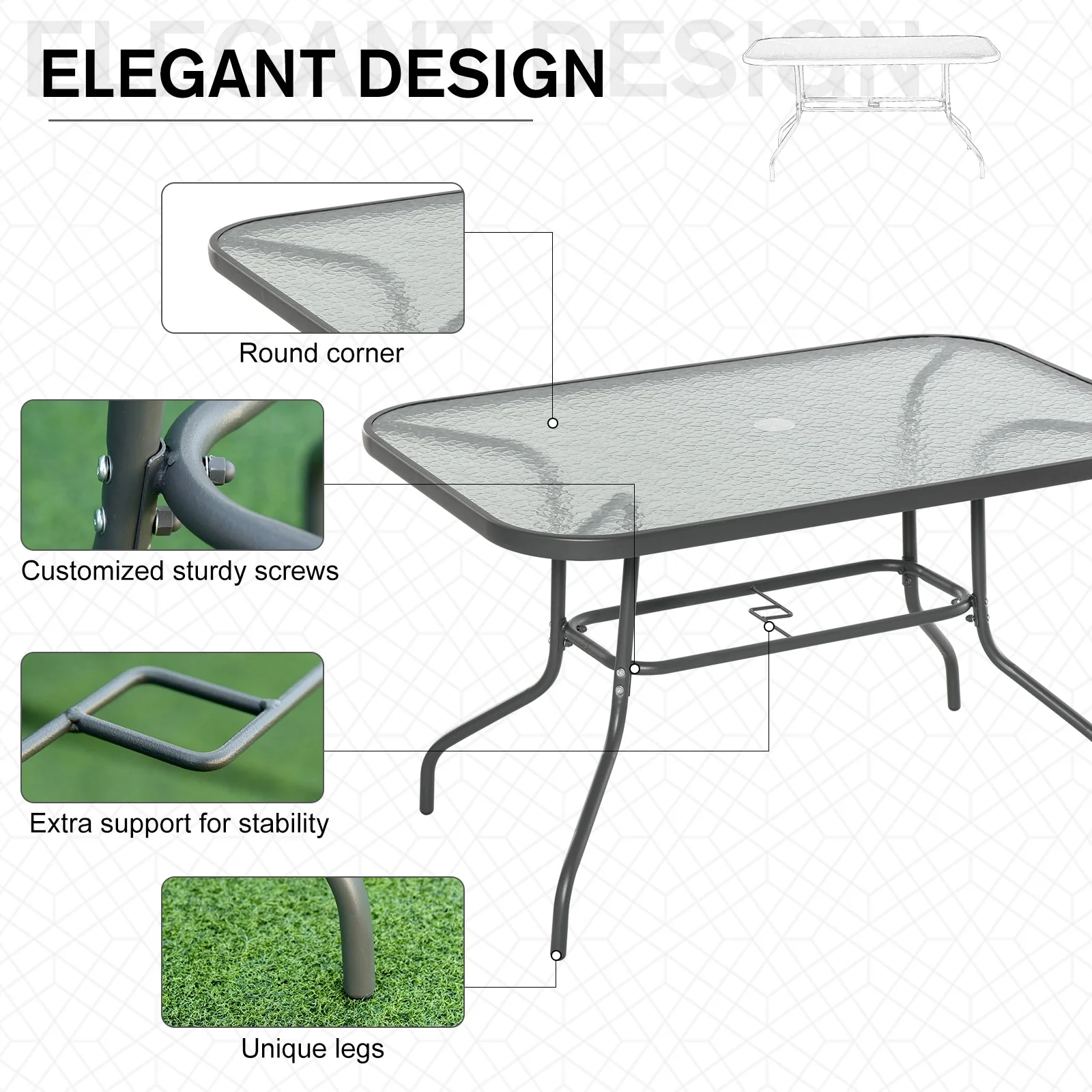 Garden Dining Table Glass Top Metal Frame with Parasol Hole Outdoor Balcony Grey 120L x 80W cm - Image 5