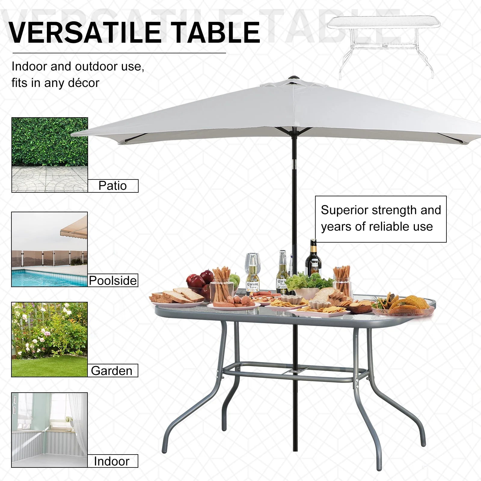 Garden Dining Table Glass Top Metal Frame with Parasol Hole Outdoor Balcony Grey 120L x 80W cm - Image 6