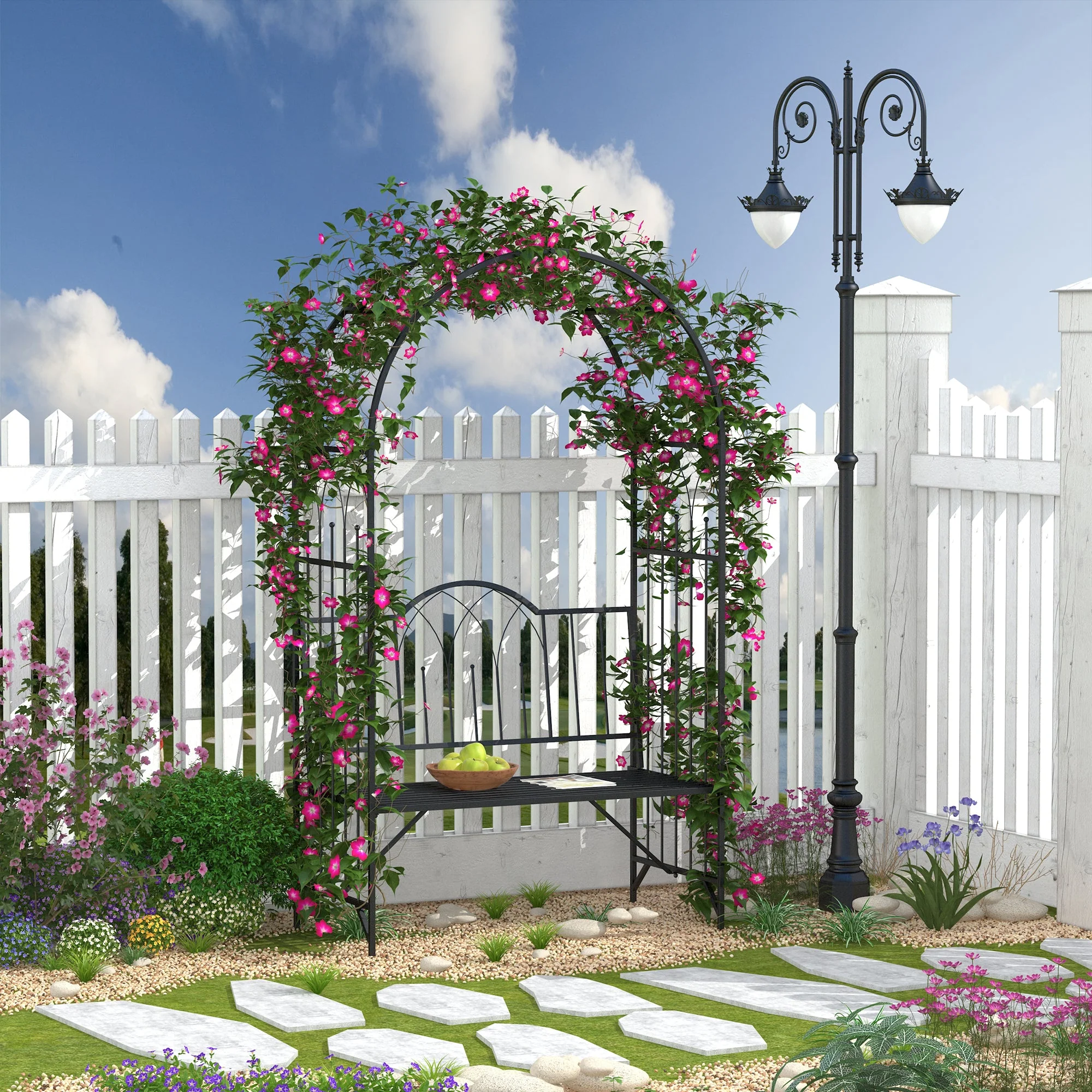 Garden Metal Arch Bench Outdoor Patio Rose Trellis Arbour Pergola for Climbing Plant Antique Style 2 Seater Chair - Image 2