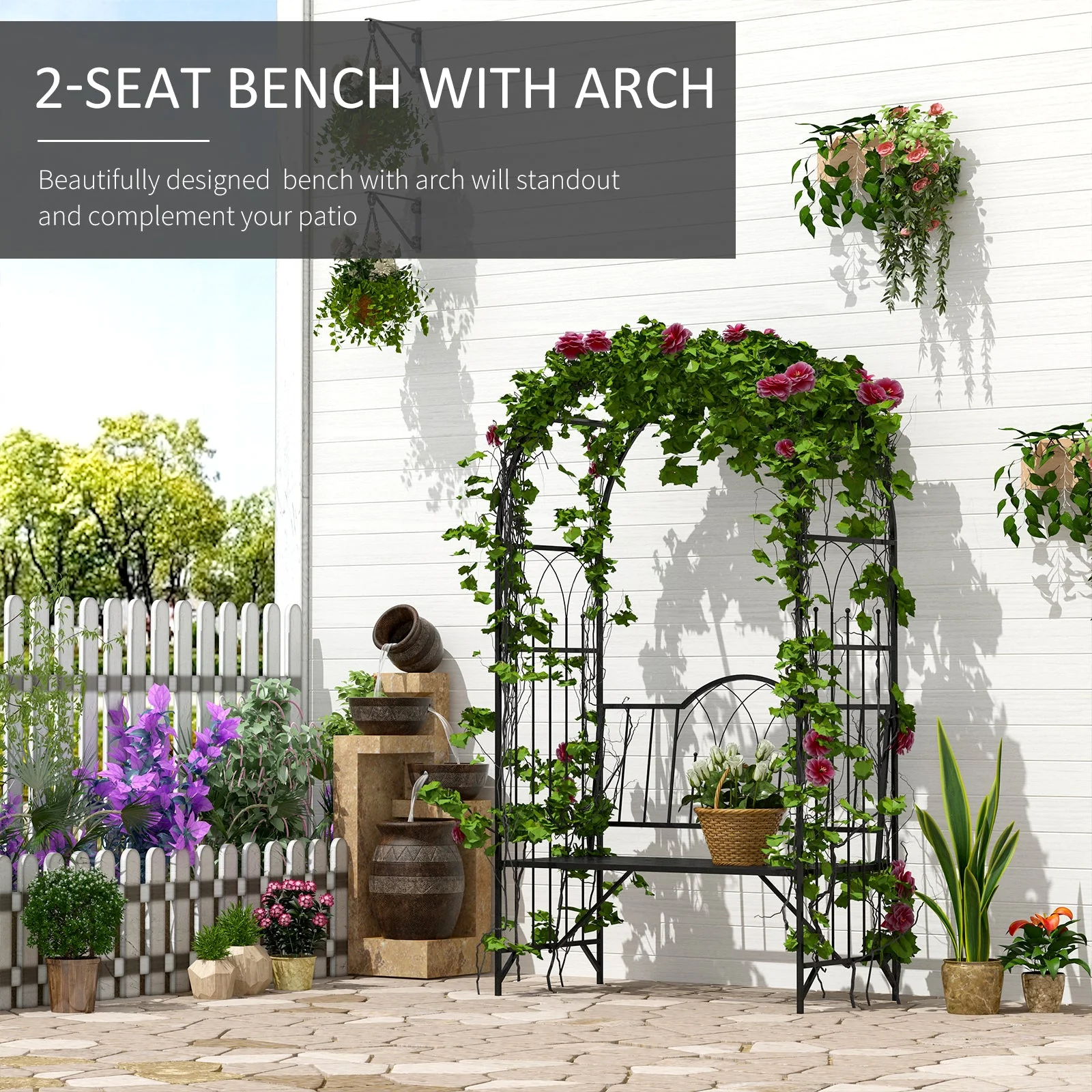 Garden Metal Arch Bench Outdoor Patio Rose Trellis Arbour Pergola for Climbing Plant Antique Style 2 Seater Chair - Image 4