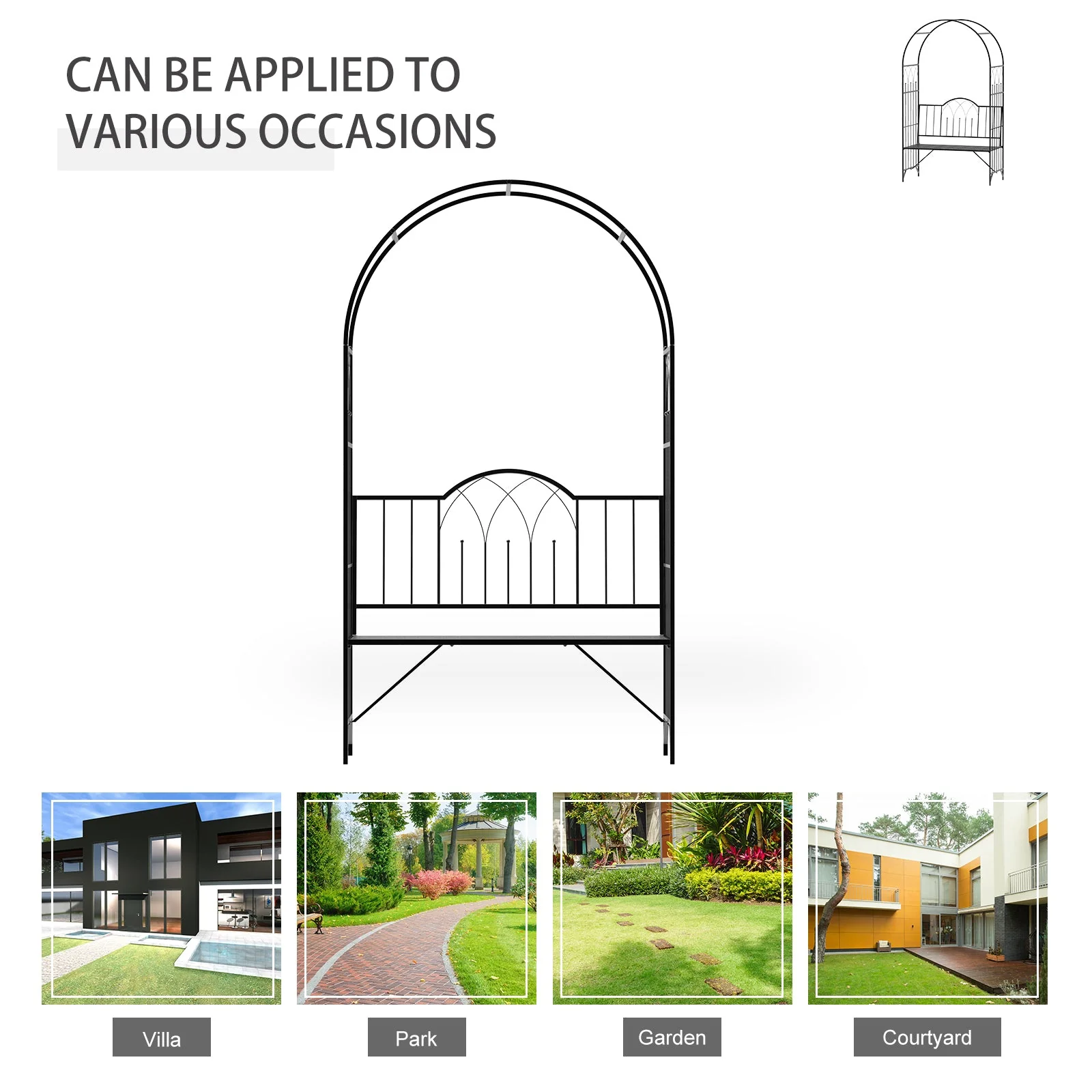 Garden Metal Arch Bench Outdoor Patio Rose Trellis Arbour Pergola for Climbing Plant Antique Style 2 Seater Chair - Image 6