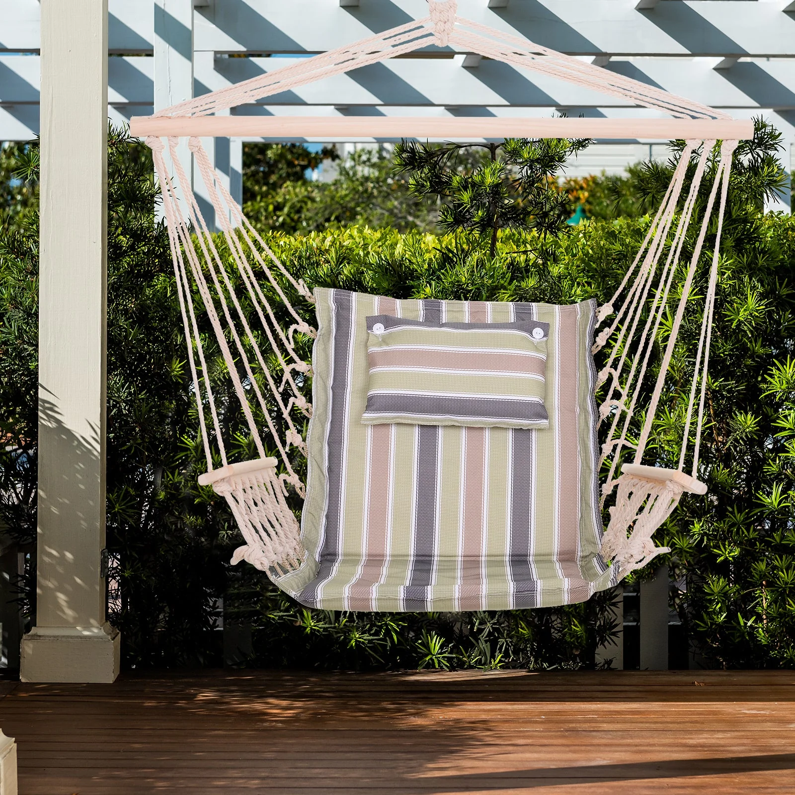 Garden Outdoor Hanging Hammock Chair Thick Rope Frame Wooden Arms Safe Wide Seat Garden Outdoor Spot Stylish Multicoloured stripes - Image 2
