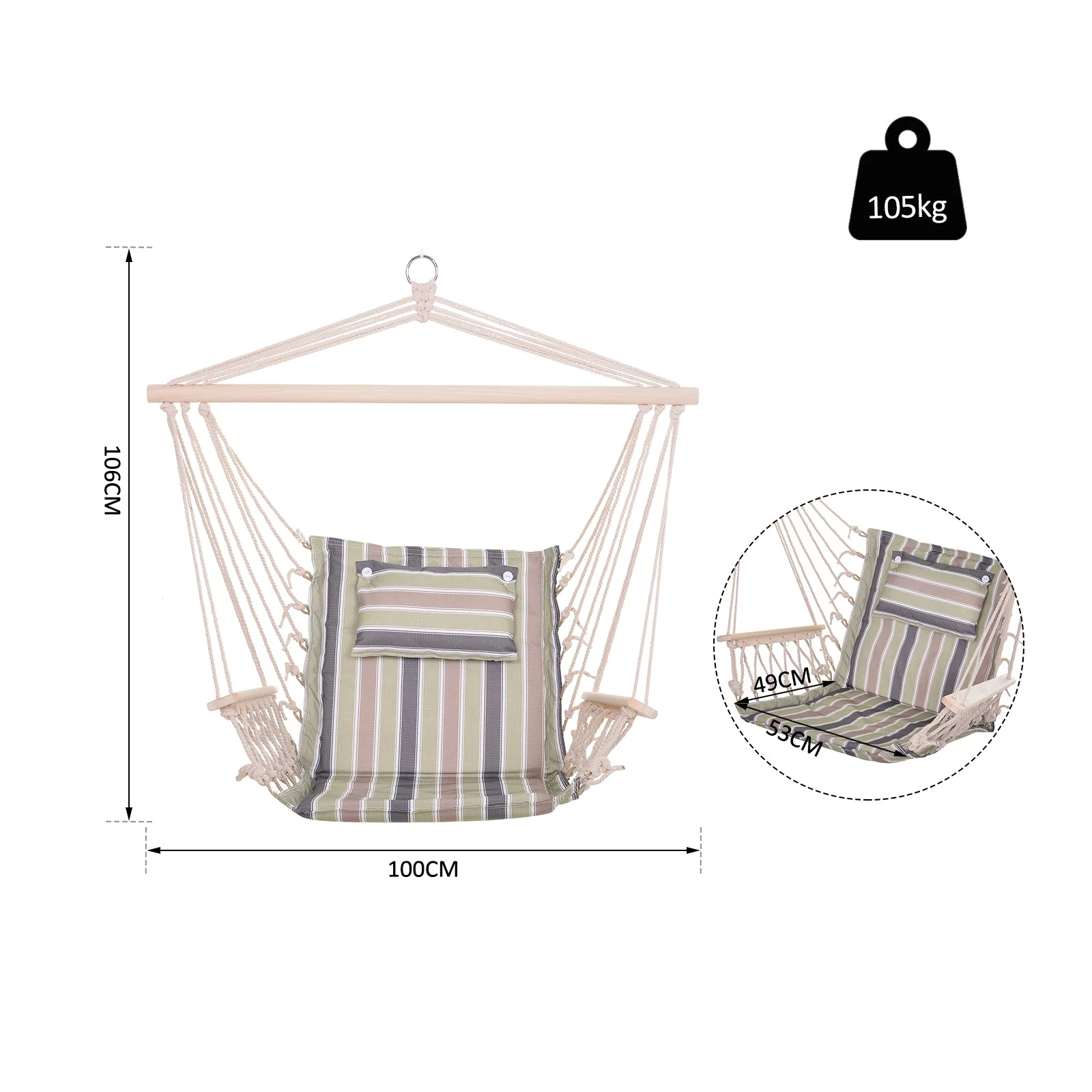 Garden Outdoor Hanging Hammock Chair Thick Rope Frame Wooden Arms Safe Wide Seat Garden Outdoor Spot Stylish Multicoloured stripes - Image 3
