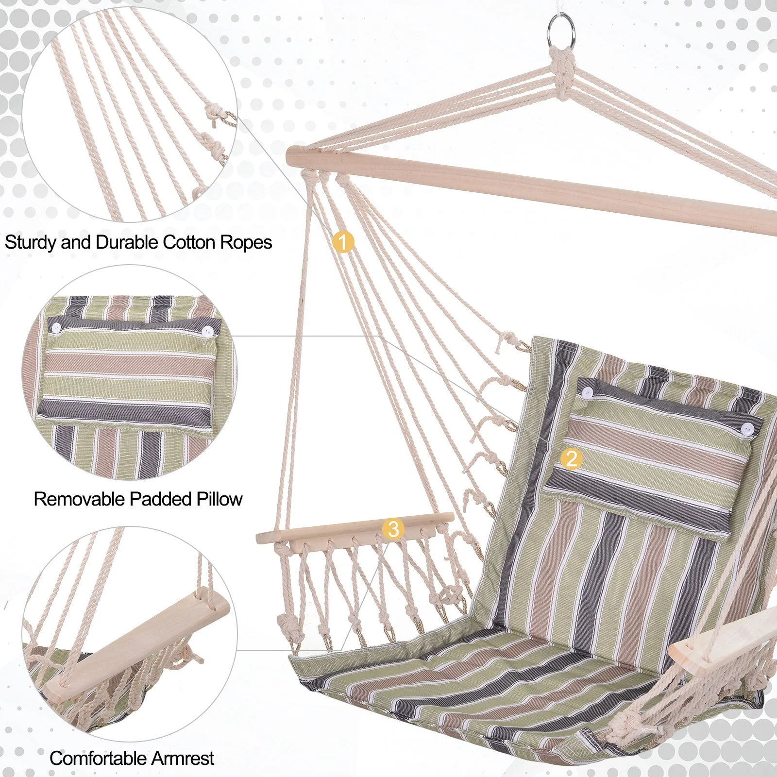 Garden Outdoor Hanging Hammock Chair Thick Rope Frame Wooden Arms Safe Wide Seat Garden Outdoor Spot Stylish Multicoloured stripes - Image 4