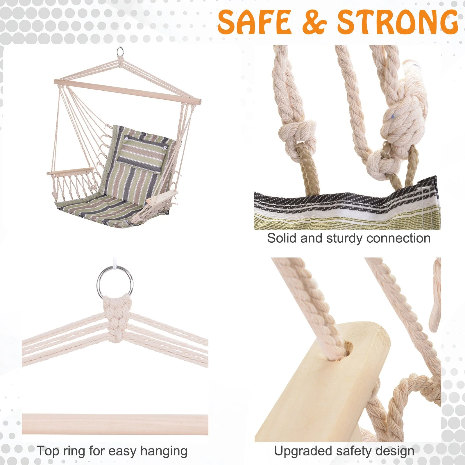 Garden Outdoor Hanging Hammock Chair Thick Rope Frame Wooden Arms Safe Wide Seat Garden Outdoor Spot Stylish Multicoloured stripes - Image 5