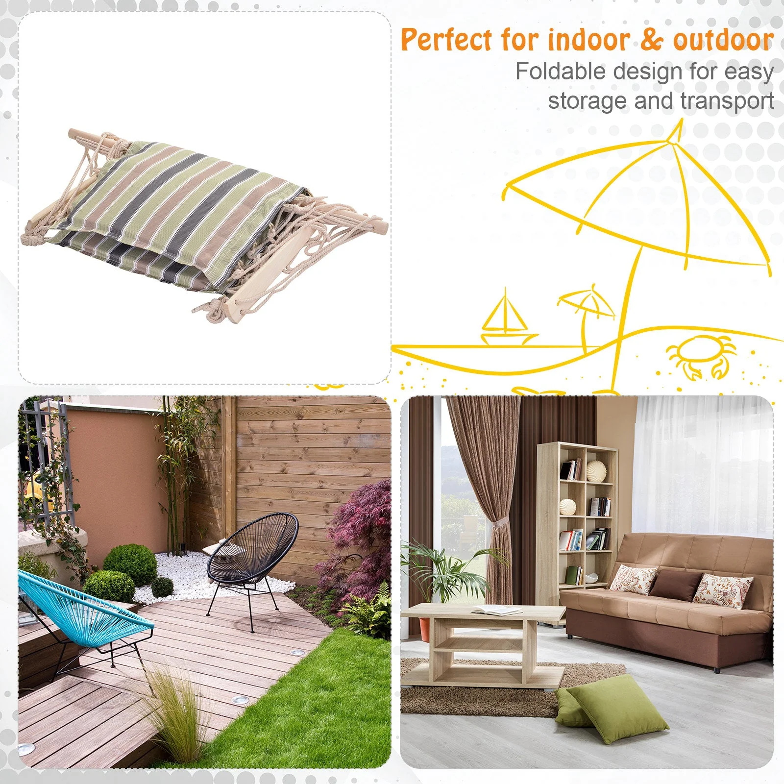 Garden Outdoor Hanging Hammock Chair Thick Rope Frame Wooden Arms Safe Wide Seat Garden Outdoor Spot Stylish Multicoloured stripes - Image 6