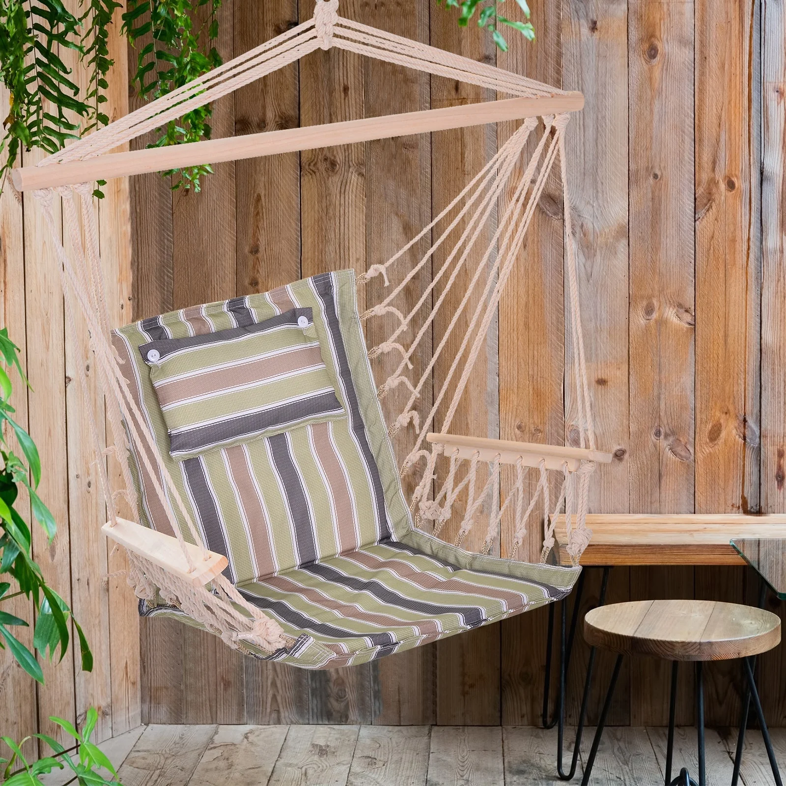 Garden Outdoor Hanging Hammock Chair Thick Rope Frame Wooden Arms Safe Wide Seat Garden Outdoor Spot Stylish Multicoloured stripes - Image 9