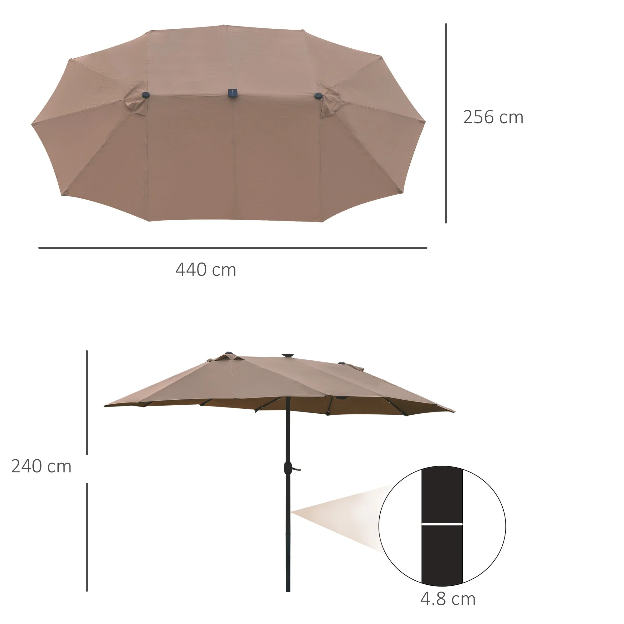 Garden Parasol 4.4m Double-Sided Sun Umbrella Patio Parasol LED Solar Lights Khaki - Image 3