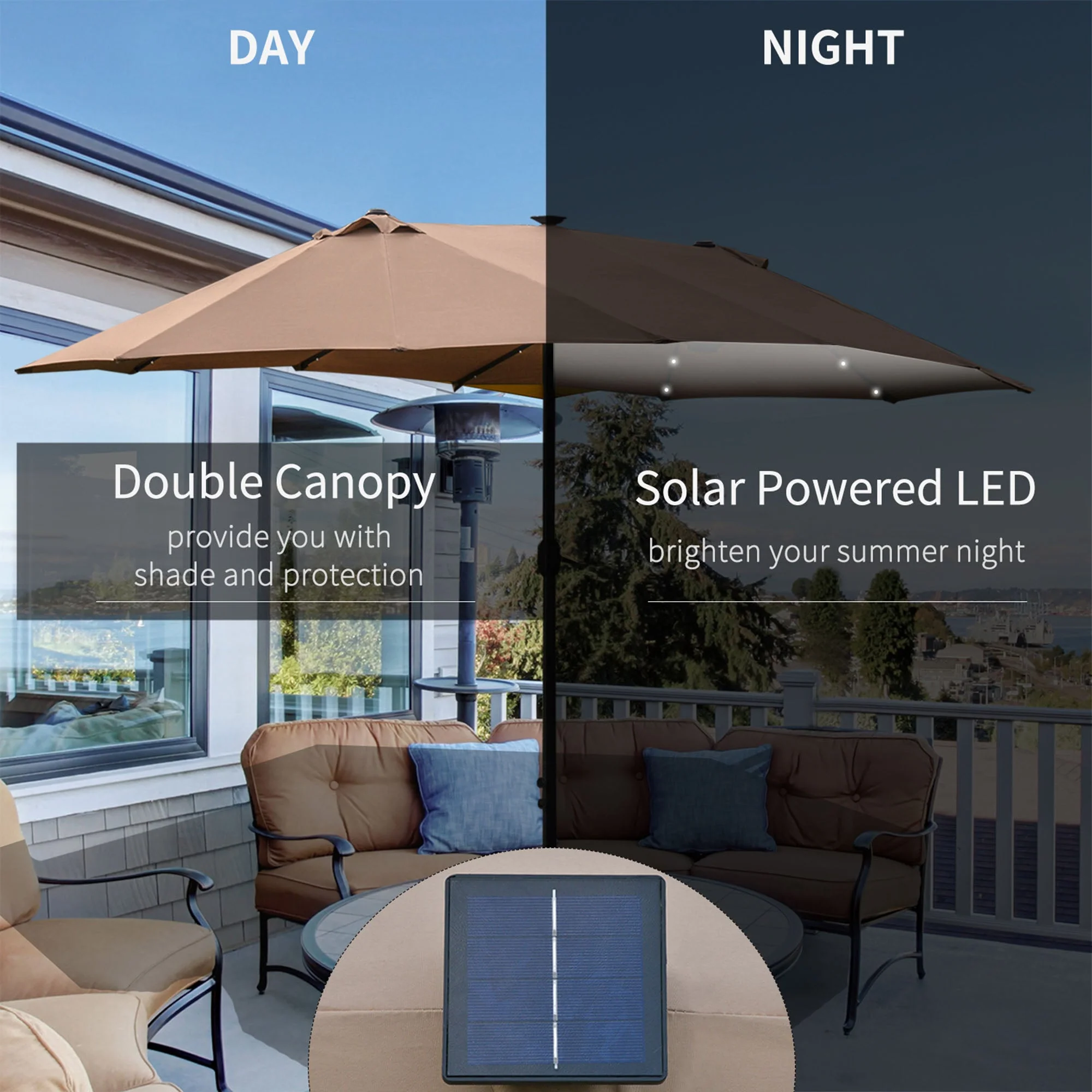 Garden Parasol 4.4m Double-Sided Sun Umbrella Patio Parasol LED Solar Lights Khaki - Image 4
