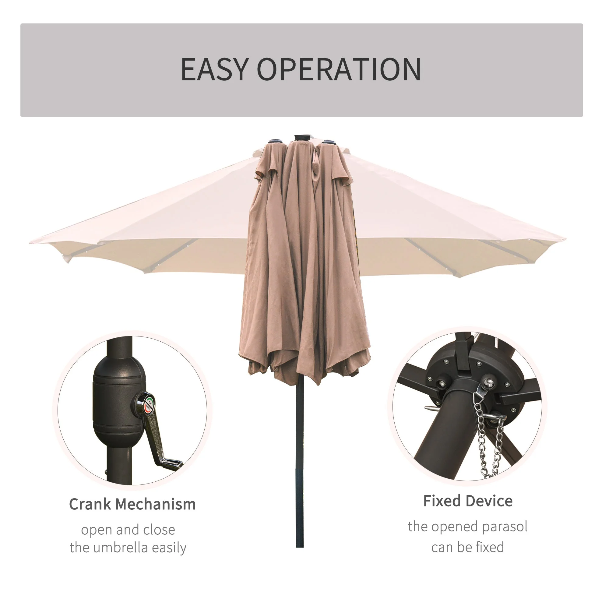 Garden Parasol 4.4m Double-Sided Sun Umbrella Patio Parasol LED Solar Lights Khaki - Image 5