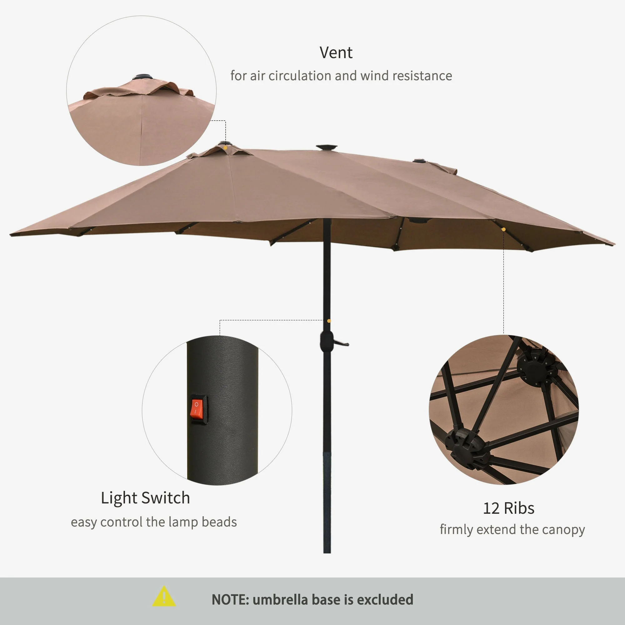 Garden Parasol 4.4m Double-Sided Sun Umbrella Patio Parasol LED Solar Lights Khaki - Image 6
