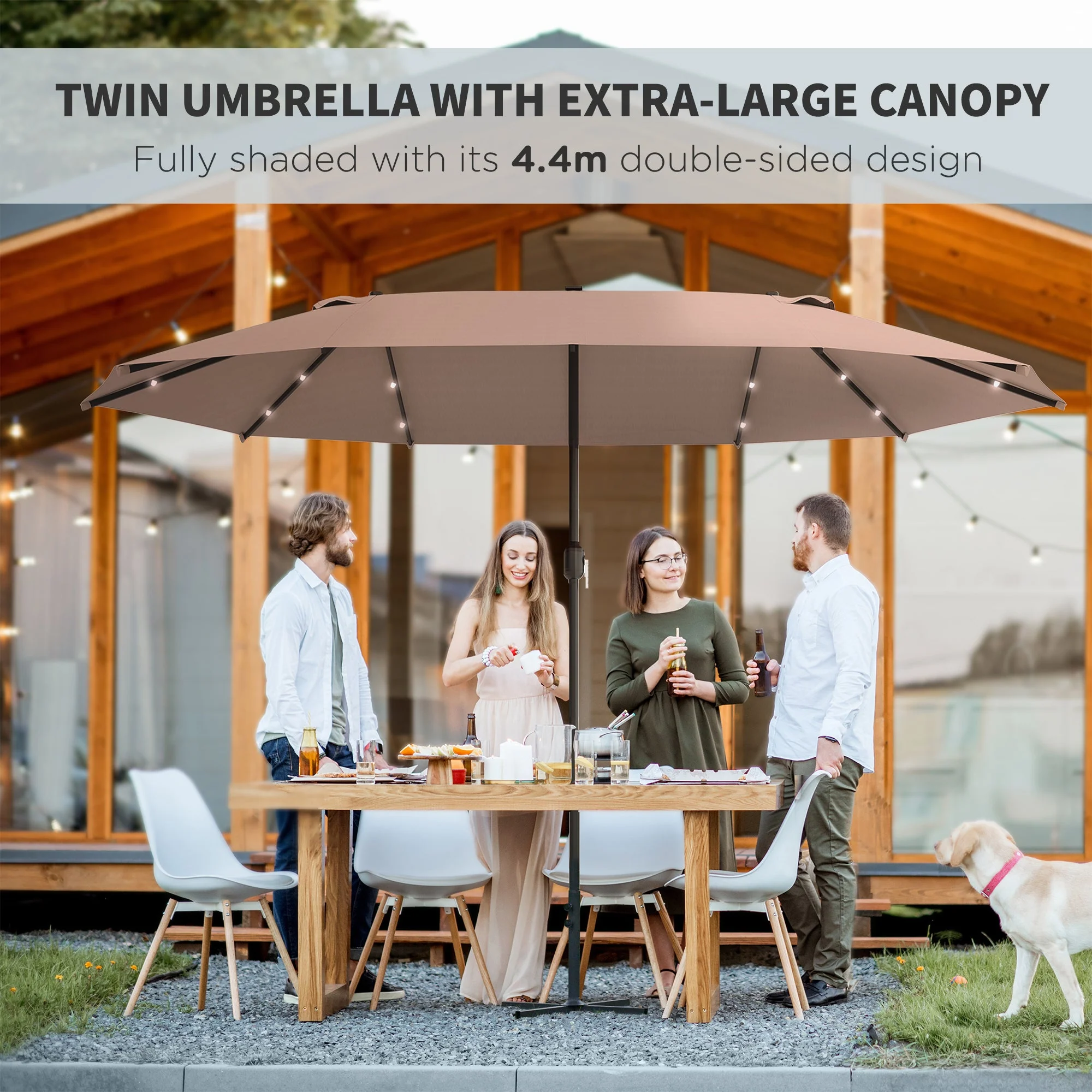 Garden Parasol 4.4m Double-Sided Sun Umbrella Patio Parasol LED Solar Lights Khaki - Image 7