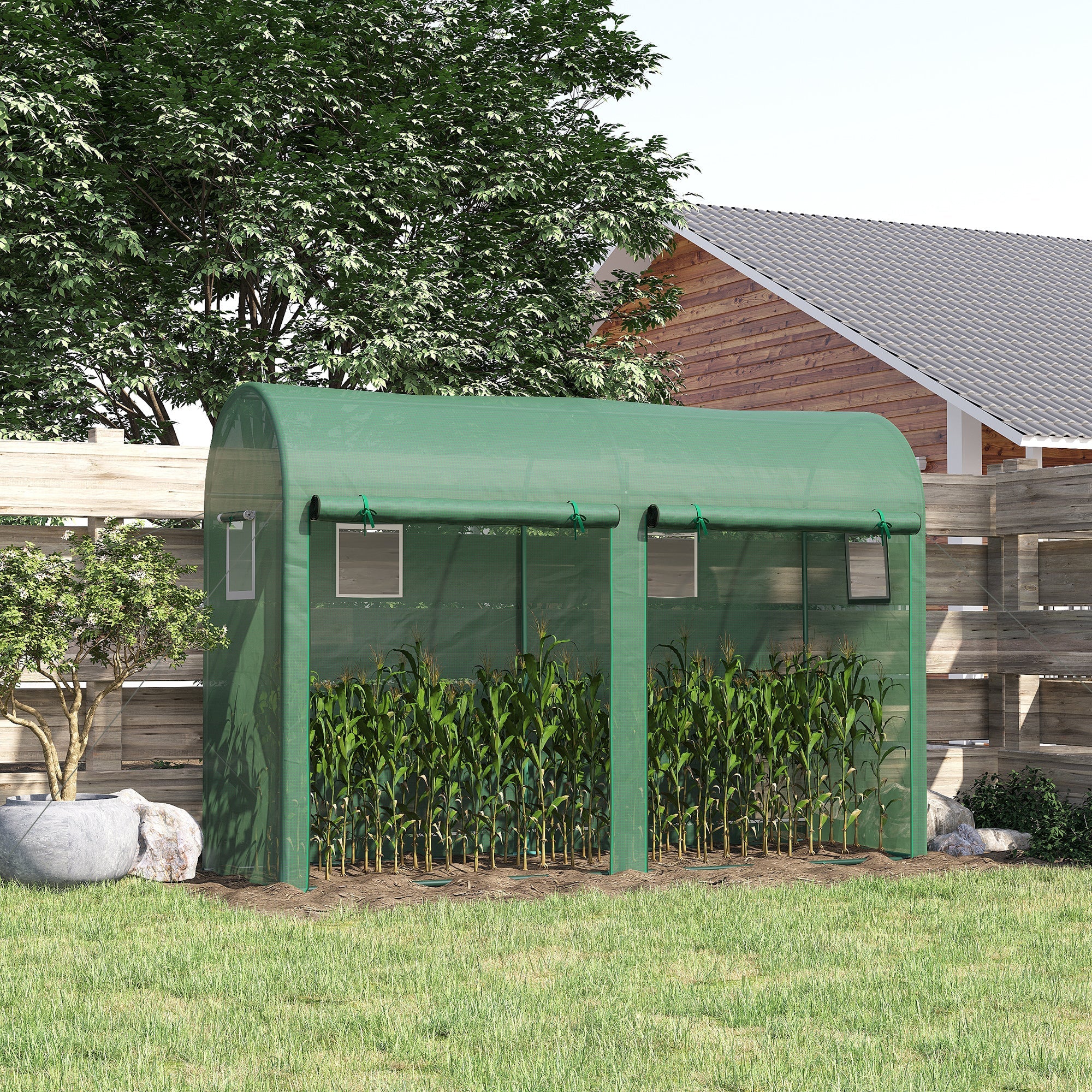 Garden Plant Tomato Growth Greenhouse W/ Double Doors & 4 Windows PE Cover Steel Frame Green - Image 2