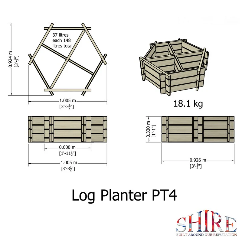Garden Planter Hexagonal Larch 4 Section Blue Grey by Shire - 1m - Image 3