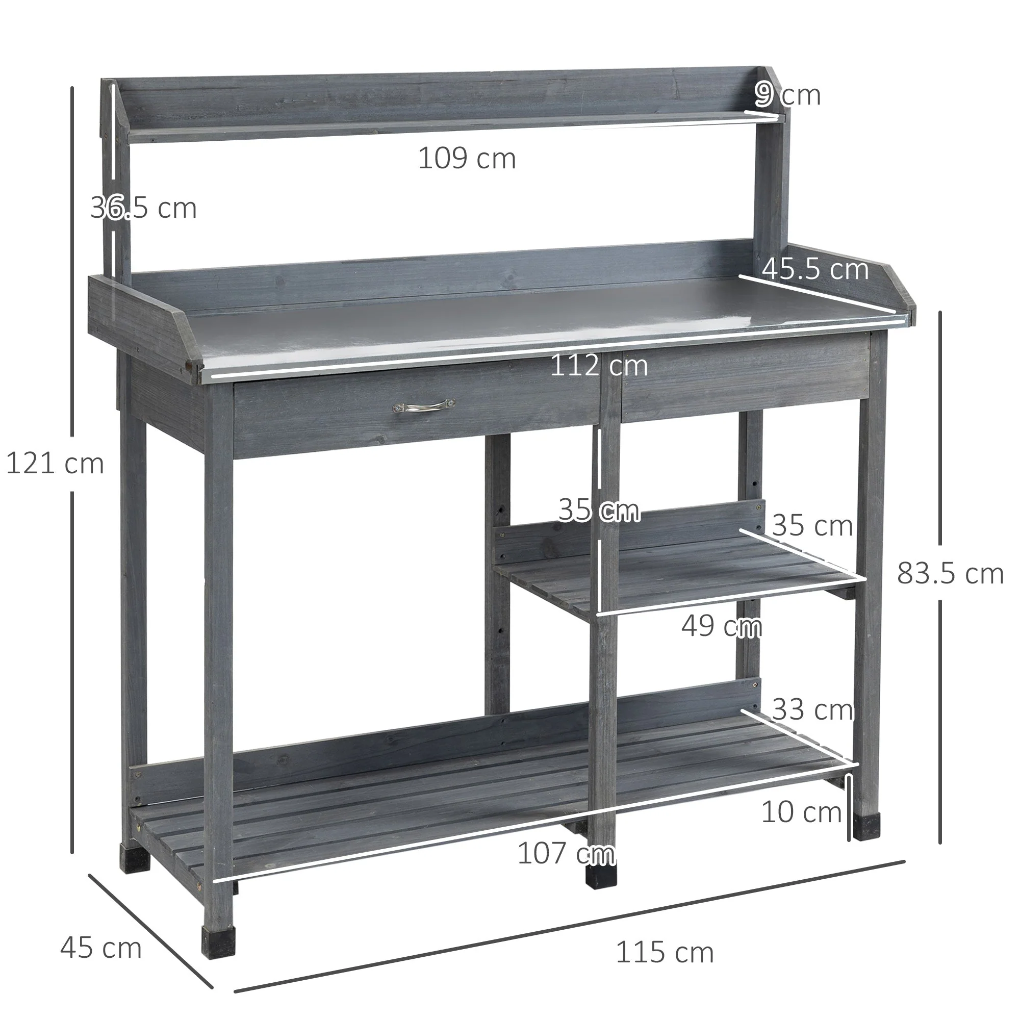 Garden Potting Table Wooden Workstation w/ Metal Tabletop - Image 3