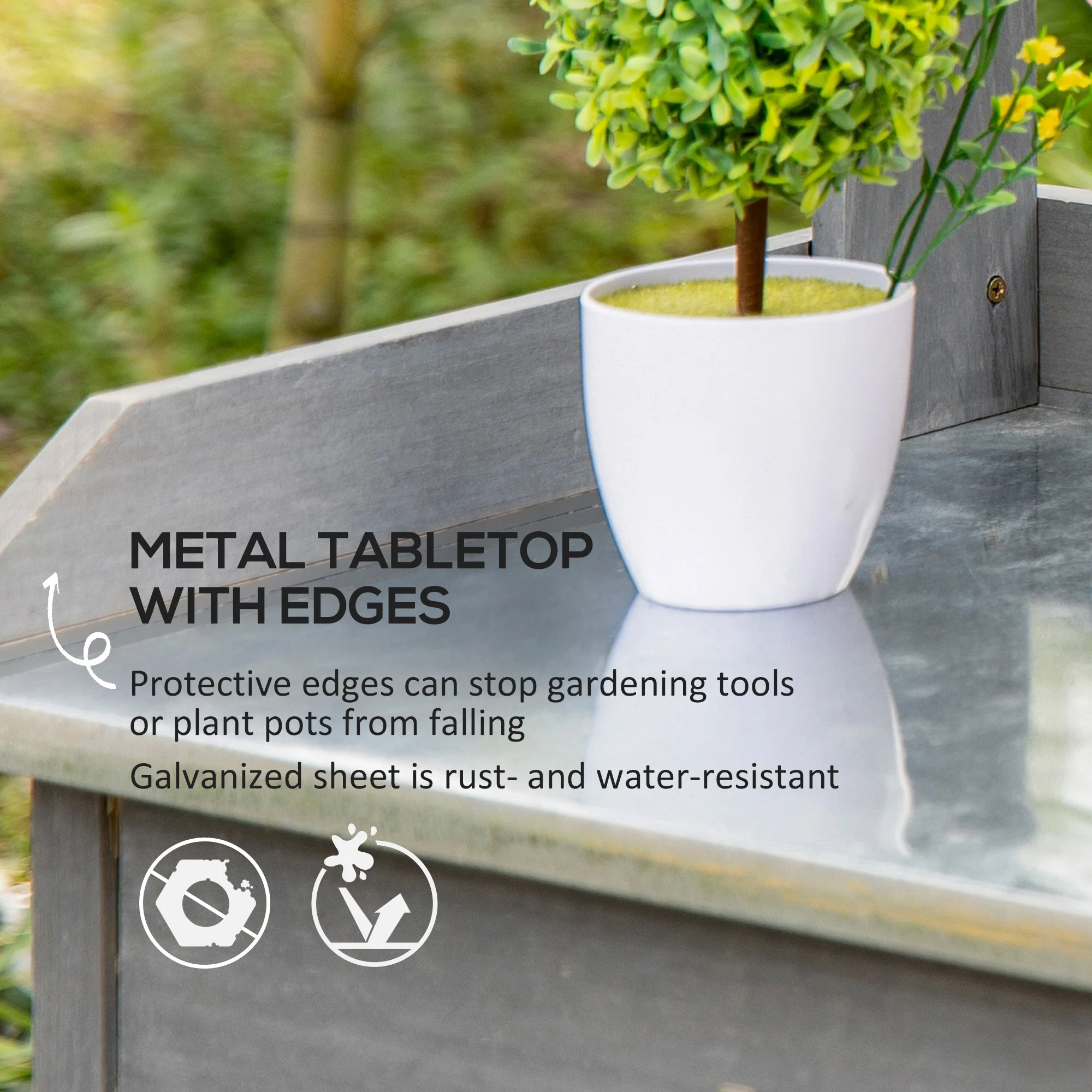 Garden Potting Table Wooden Workstation w/ Metal Tabletop - Image 4