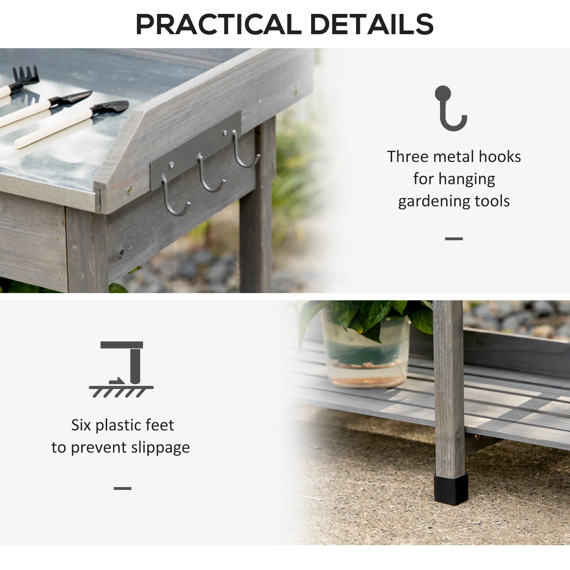 Garden Potting Table Wooden Workstation w/ Metal Tabletop - Image 6