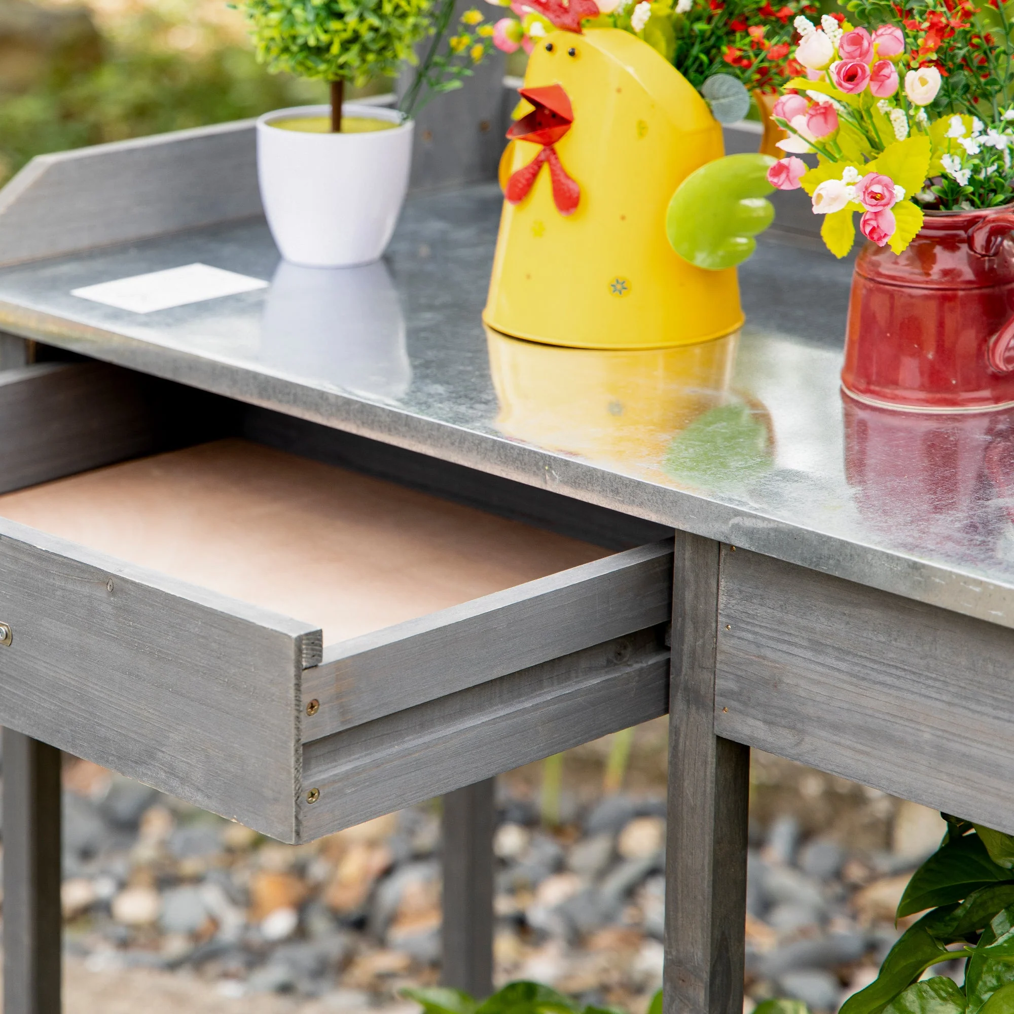 Garden Potting Table Wooden Workstation w/ Metal Tabletop - Image 8