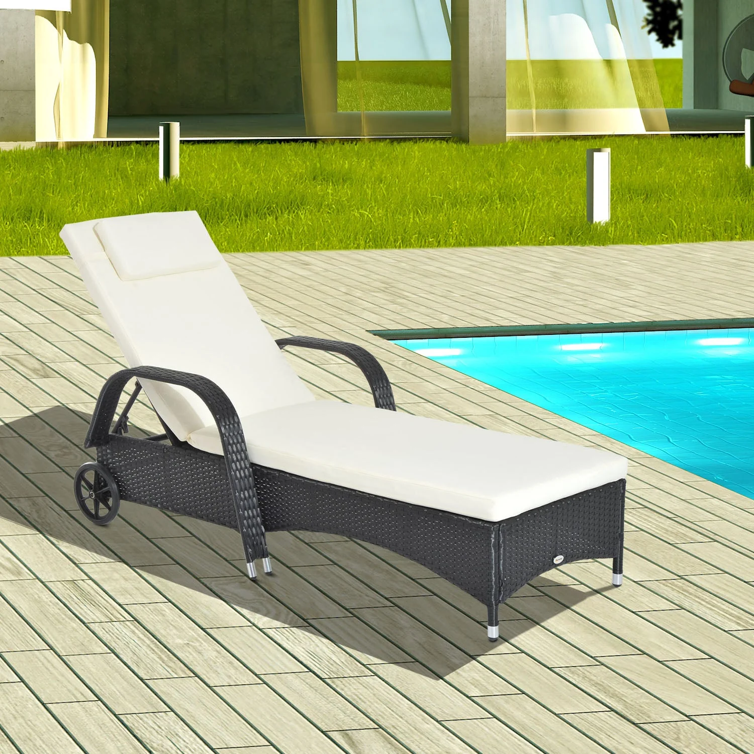 Garden Rattan Furniture Single Sun Lounger Recliner Bed Reclining Chair Patio Outdoor Wicker Weave Adjustable Headrest with Fire Retardant Cushion - Black - Image 2