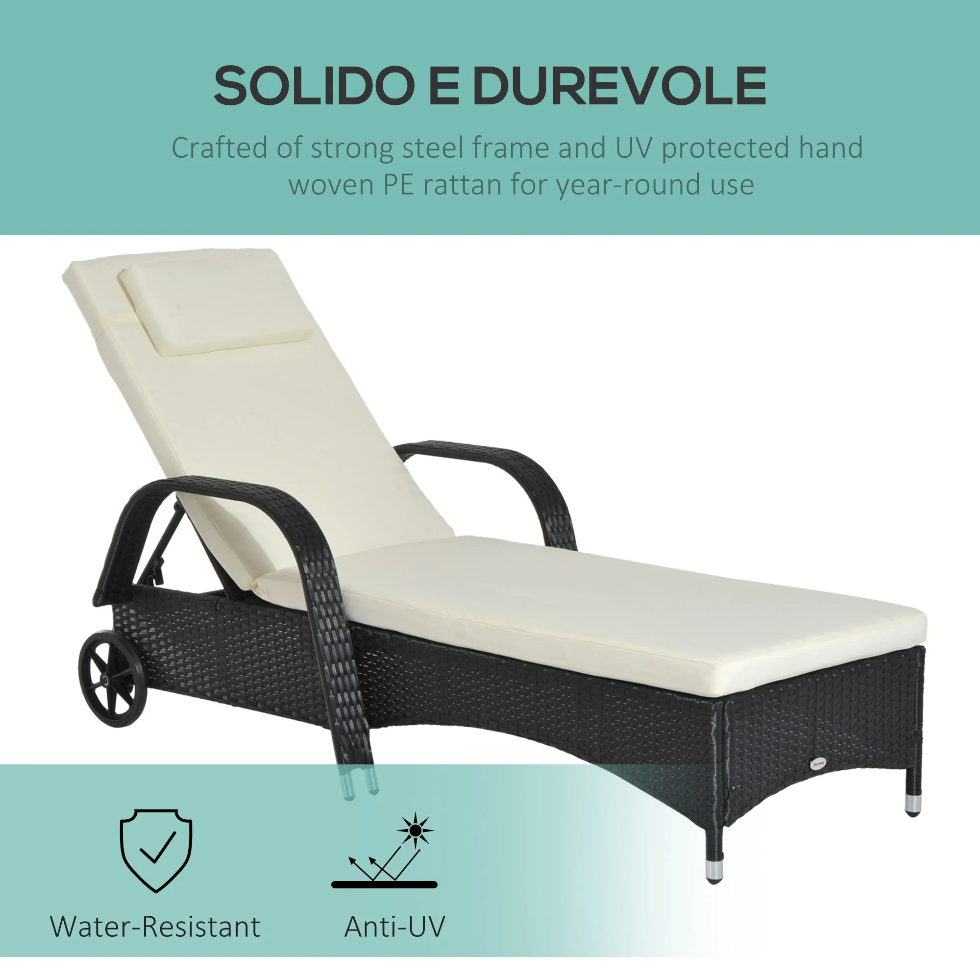Garden Rattan Furniture Single Sun Lounger Recliner Bed Reclining Chair Patio Outdoor Wicker Weave Adjustable Headrest with Fire Retardant Cushion - Black - Image 4