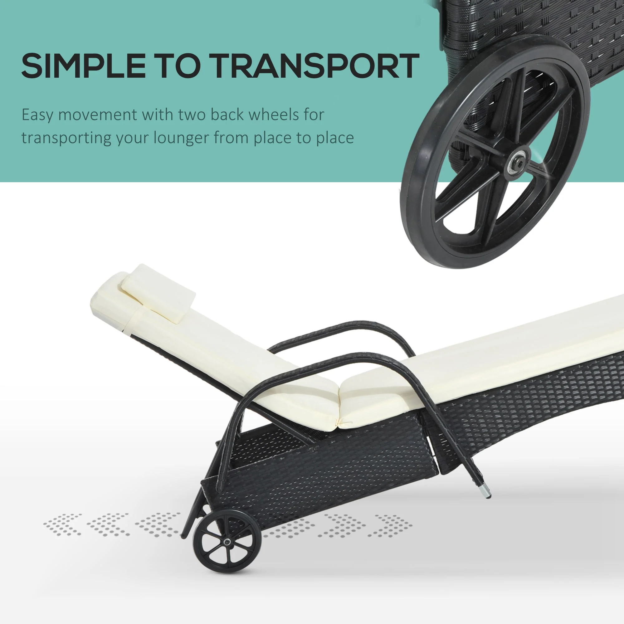 Garden Rattan Furniture Single Sun Lounger Recliner Bed Reclining Chair Patio Outdoor Wicker Weave Adjustable Headrest with Fire Retardant Cushion - Black - Image 7