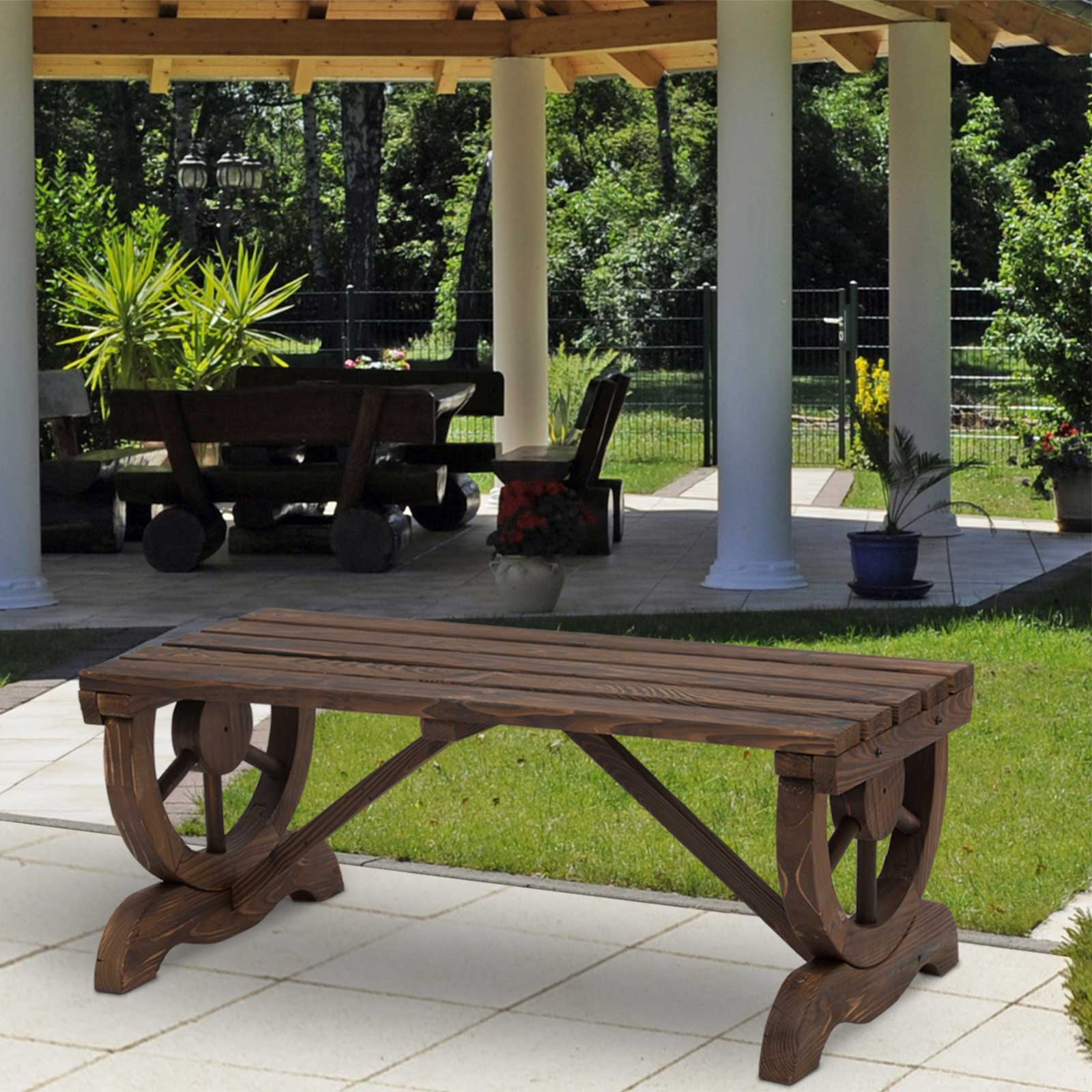 Garden Rustic Wooden Bench Wheel-Shaped Legs Slatted Seat Stable Reinforced Structure Outdoor Patio Garden 2-Person Bench Seat - Brown - Image 2