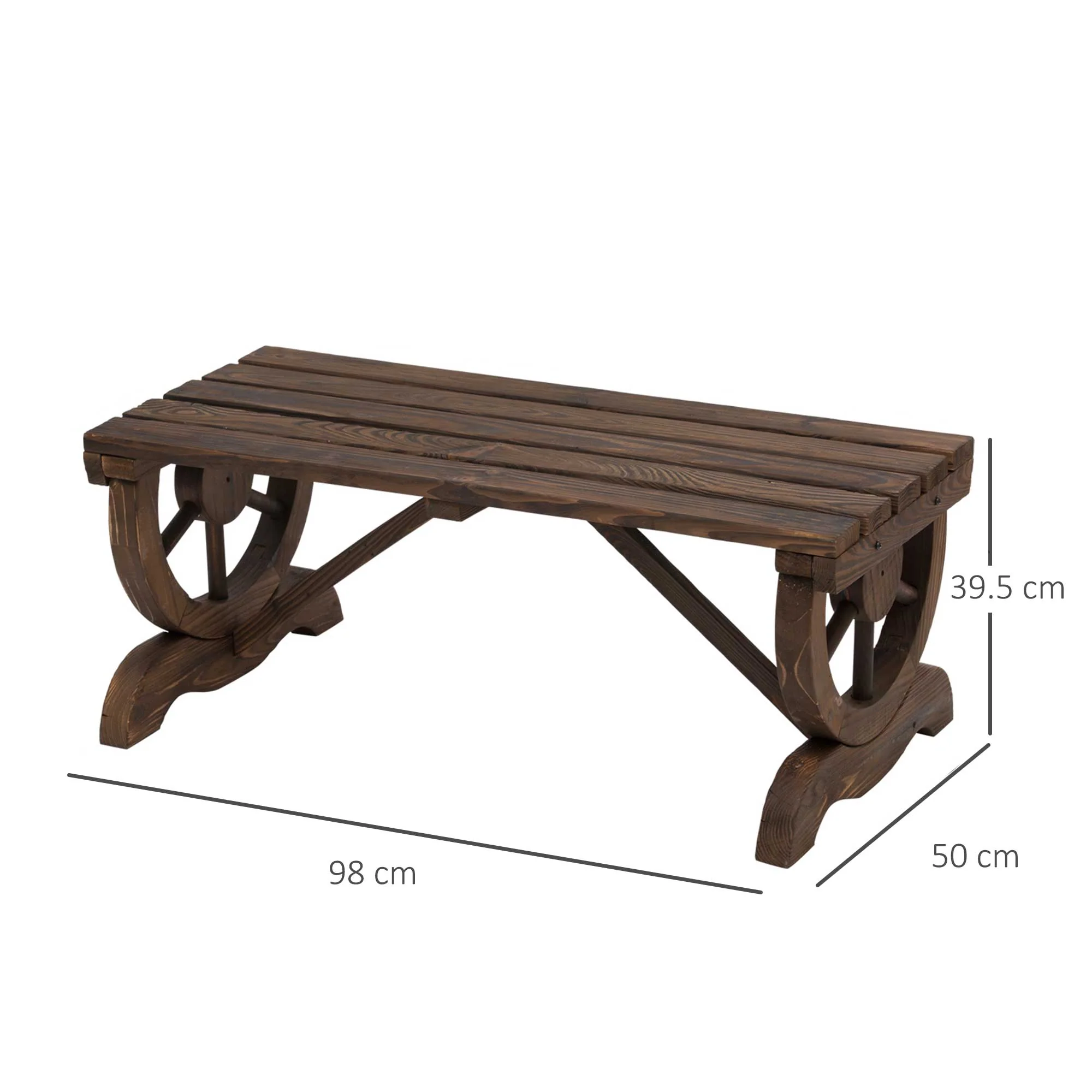 Garden Rustic Wooden Bench Wheel-Shaped Legs Slatted Seat Stable Reinforced Structure Outdoor Patio Garden 2-Person Bench Seat - Brown - Image 3