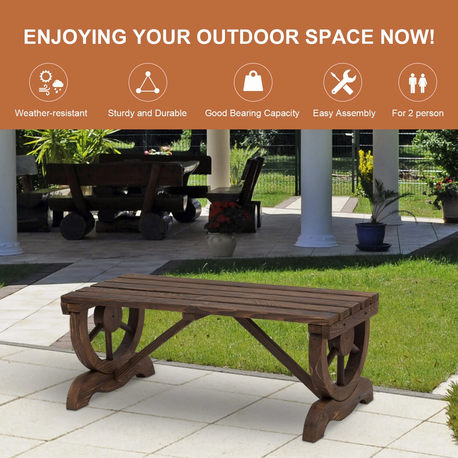 Garden Rustic Wooden Bench Wheel-Shaped Legs Slatted Seat Stable Reinforced Structure Outdoor Patio Garden 2-Person Bench Seat - Brown - Image 6