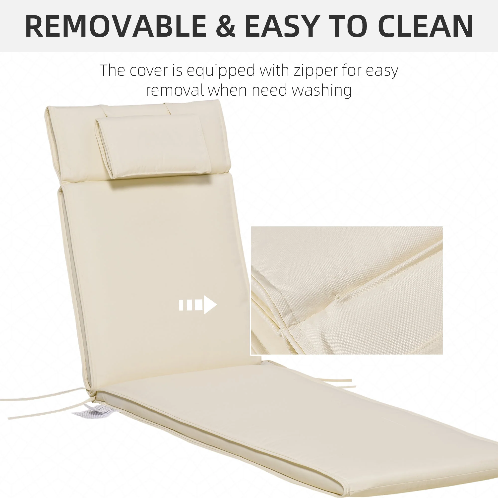 Garden Sun Lounger Cushion Replacement Thick Sunbed Reclining Chair Relaxer Pad with Pillow - Cream White - Image 5