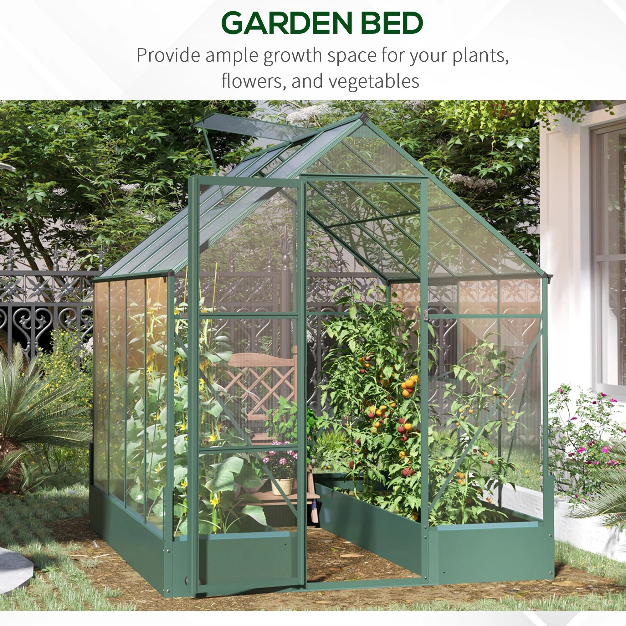 Garden Walk-in Aluminium Greenhouse Polycarbonate with Plant Bed - Image 9