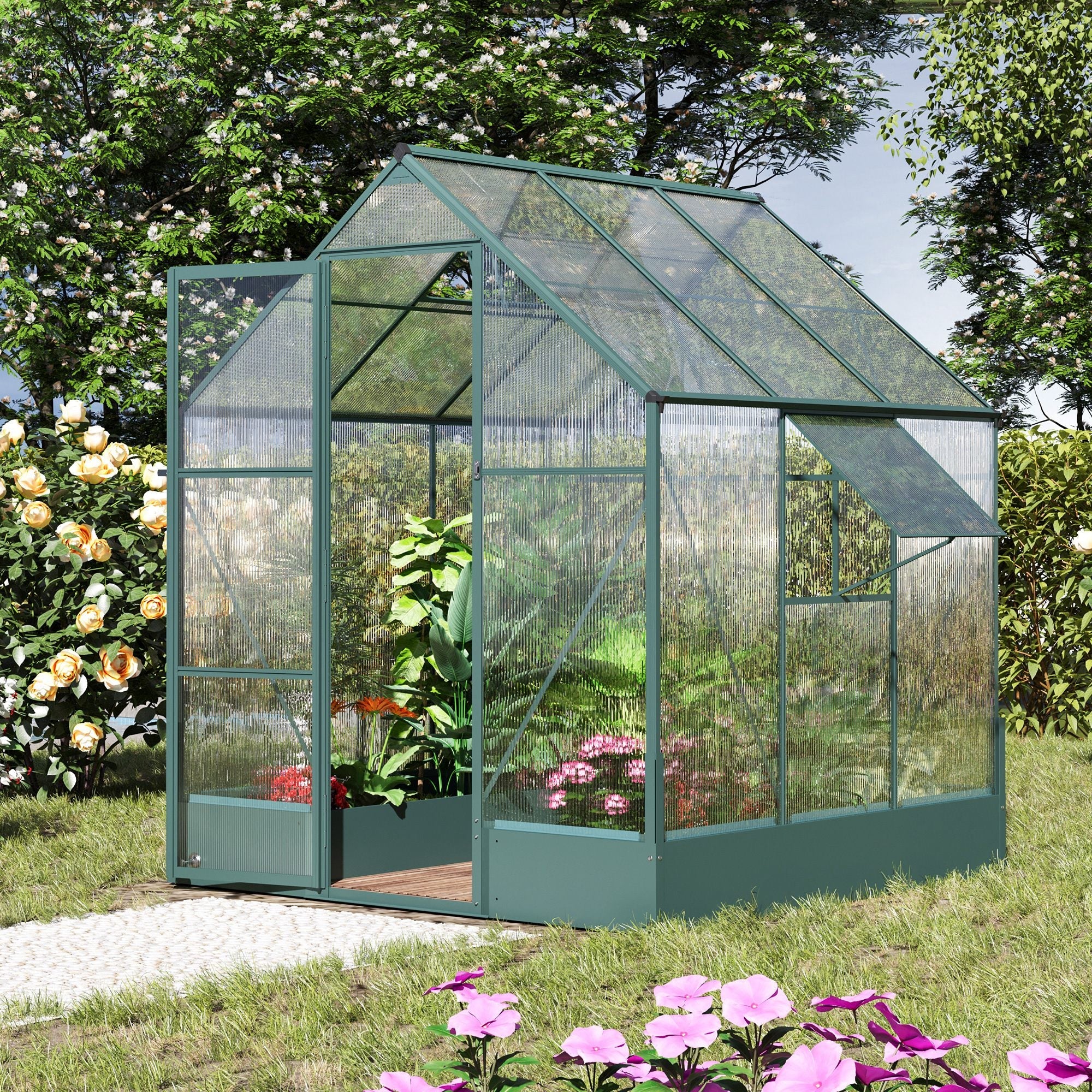 Garden Walk-in Aluminium Greenhouse Polycarbonate with Plant Bed - Image 2