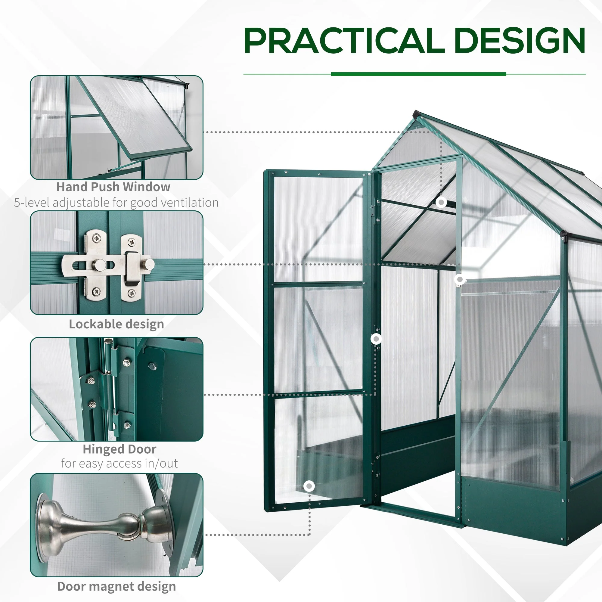Garden Walk-in Aluminium Greenhouse Polycarbonate with Plant Bed - Image 5