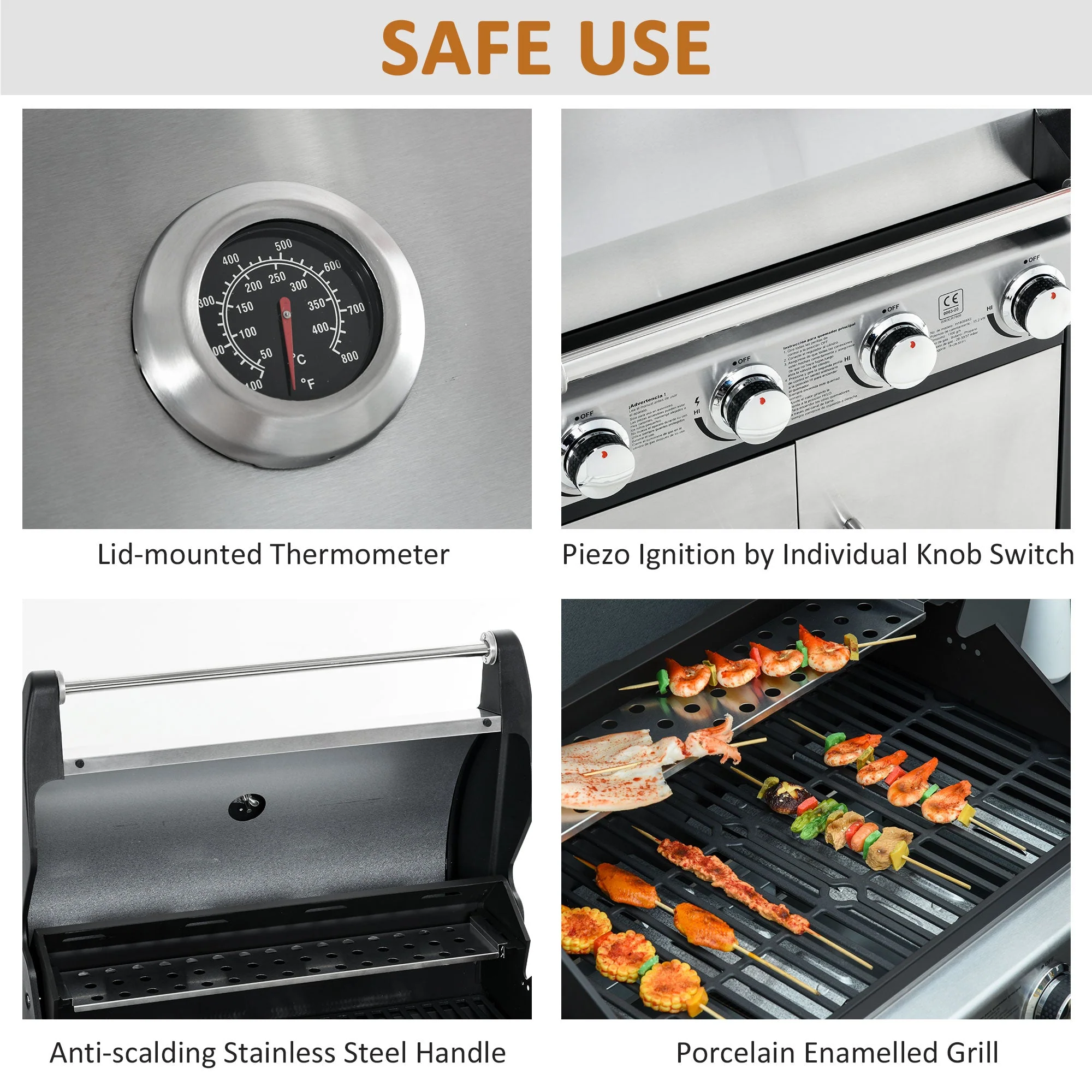 Gas Barbecue Grill 4+1 Burner Garden Smoker BBQ Trolley w/ Side Burner Warming Rack Side Shelves Storage Cabinet Piezo Ignition Thermometer Stainless Steel + Metal - Image 6