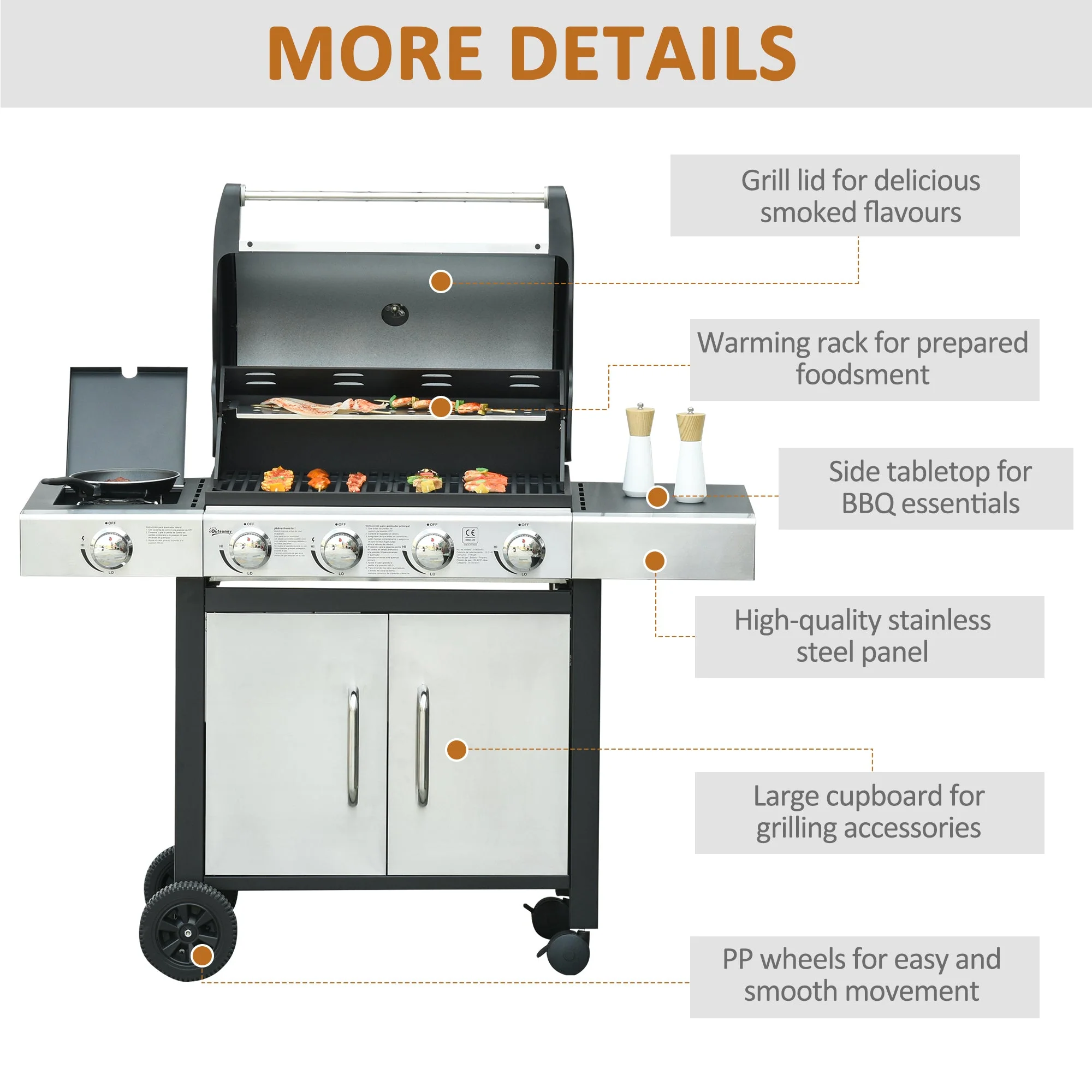 Gas Barbecue Grill 4+1 Burner Garden Smoker BBQ Trolley w/ Side Burner Warming Rack Side Shelves Storage Cabinet Piezo Ignition Thermometer Stainless Steel + Metal - Image 7