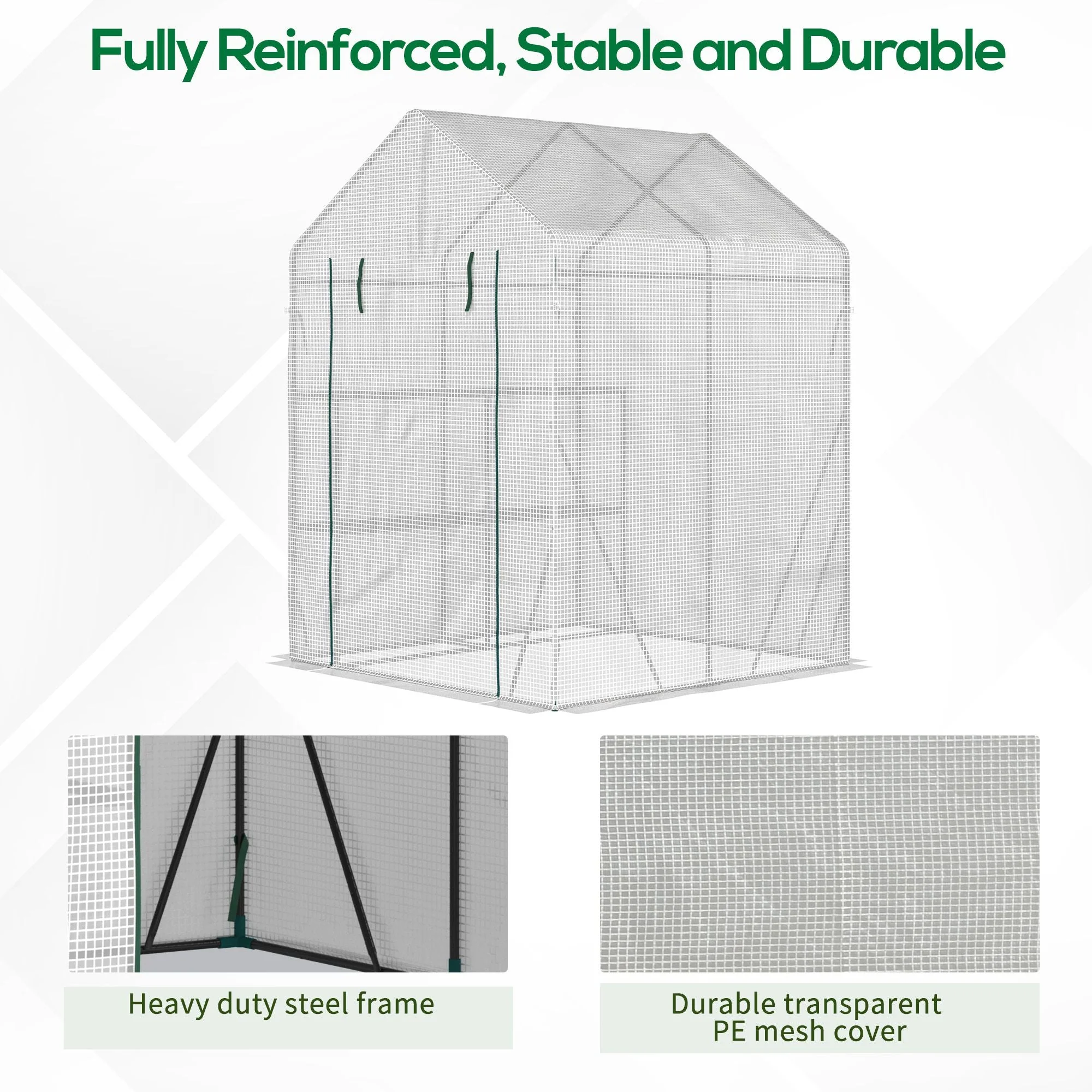 Greenhouse for Outdoor w/ 2 Tier Shelf Roll-Up Zippered Door PE Cover Green - Image 6