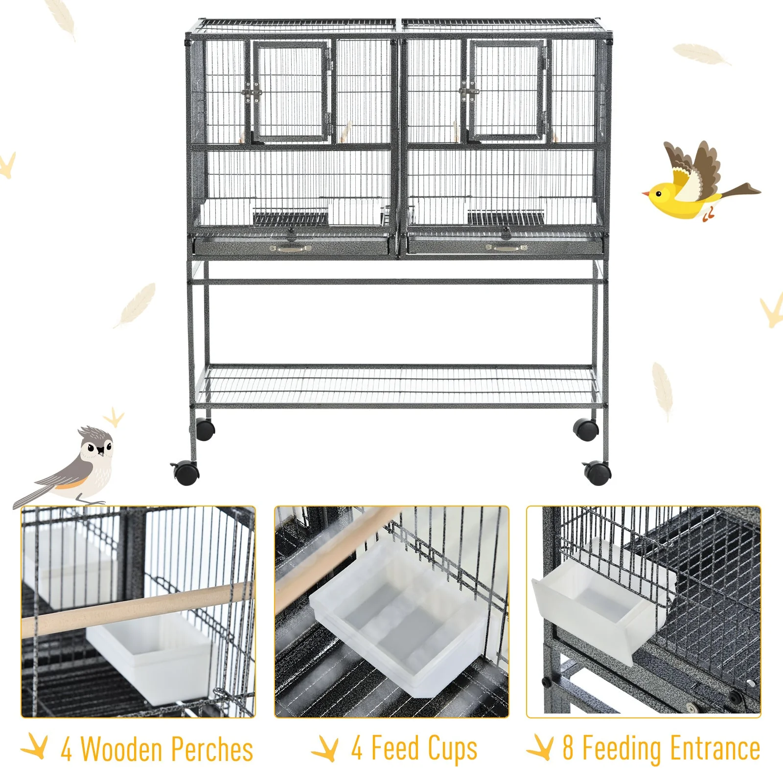 Grille 102cm Parrot Cage Wheeled Grey & Black by Pawhut - Image 2