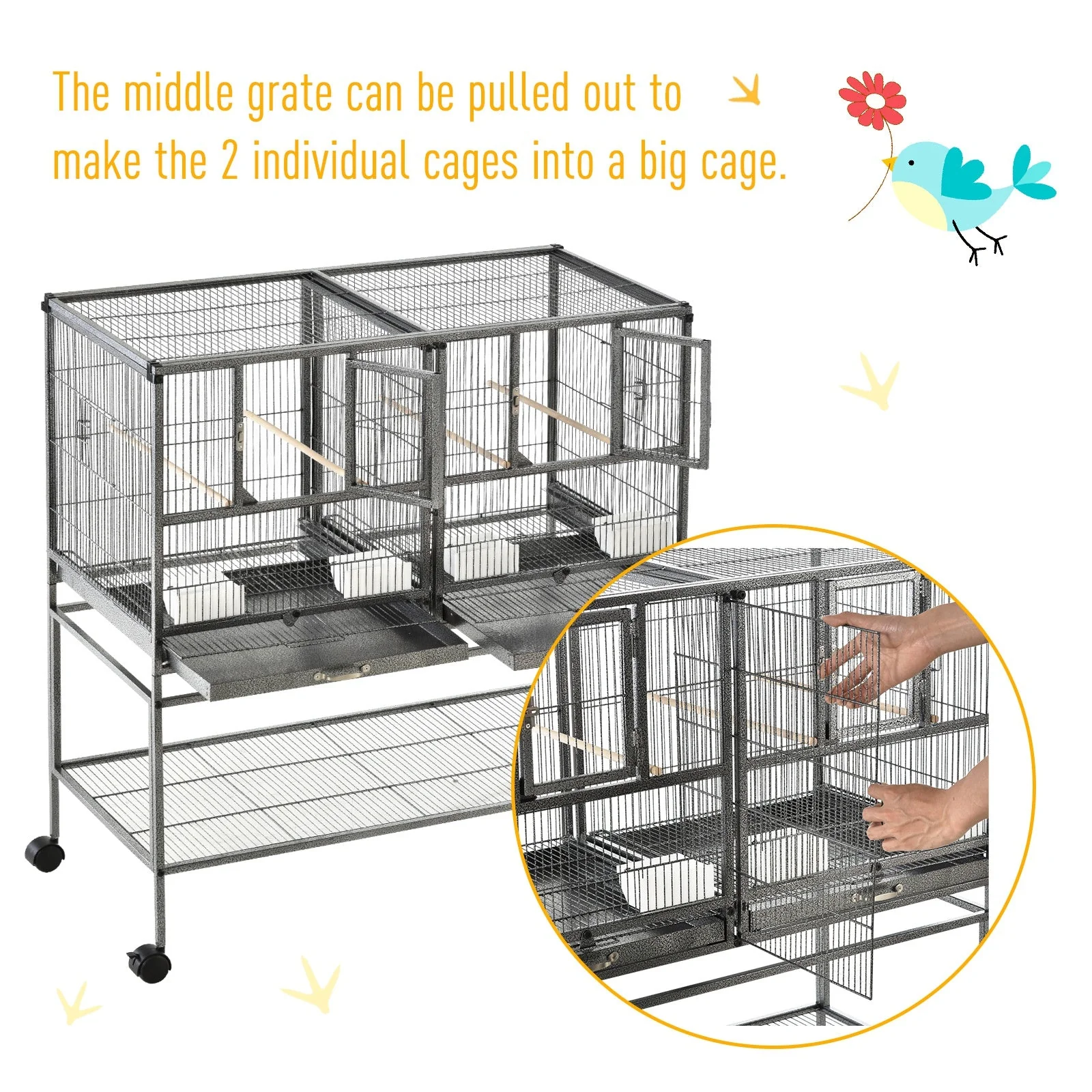 Grille 102cm Parrot Cage Wheeled Grey & Black by Pawhut - Image 6