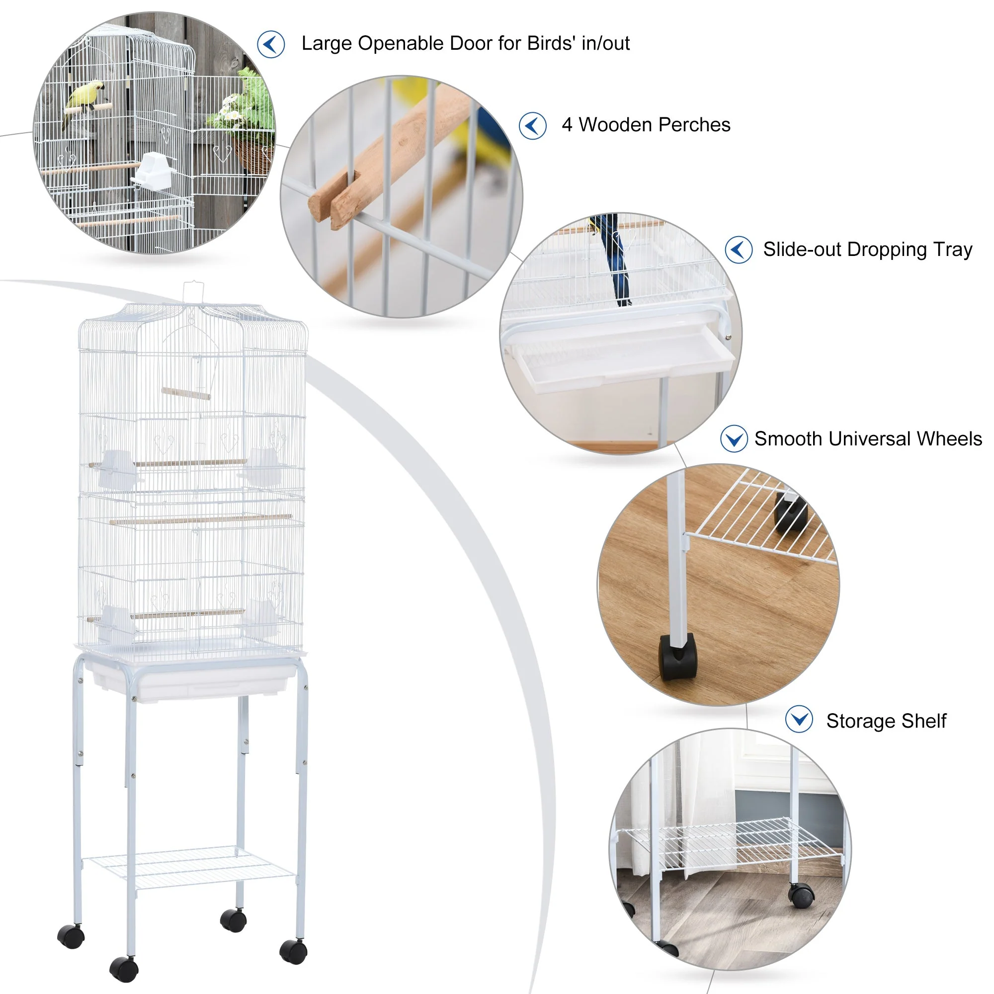 Grille 153cm Bird Cage Wheeled White by Pawhut - Image 6