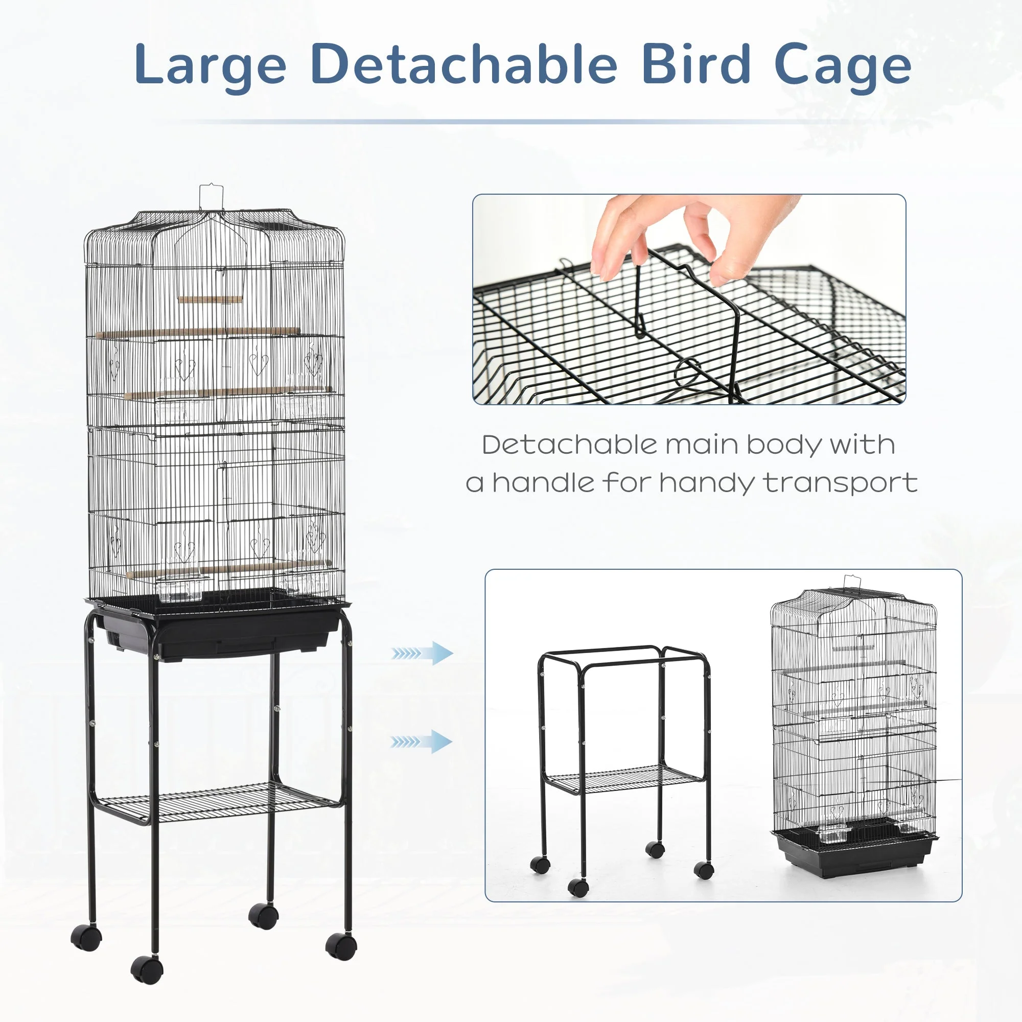 Grille 157cm Bird Cage Wheeled Black by Pawhut - Image 3