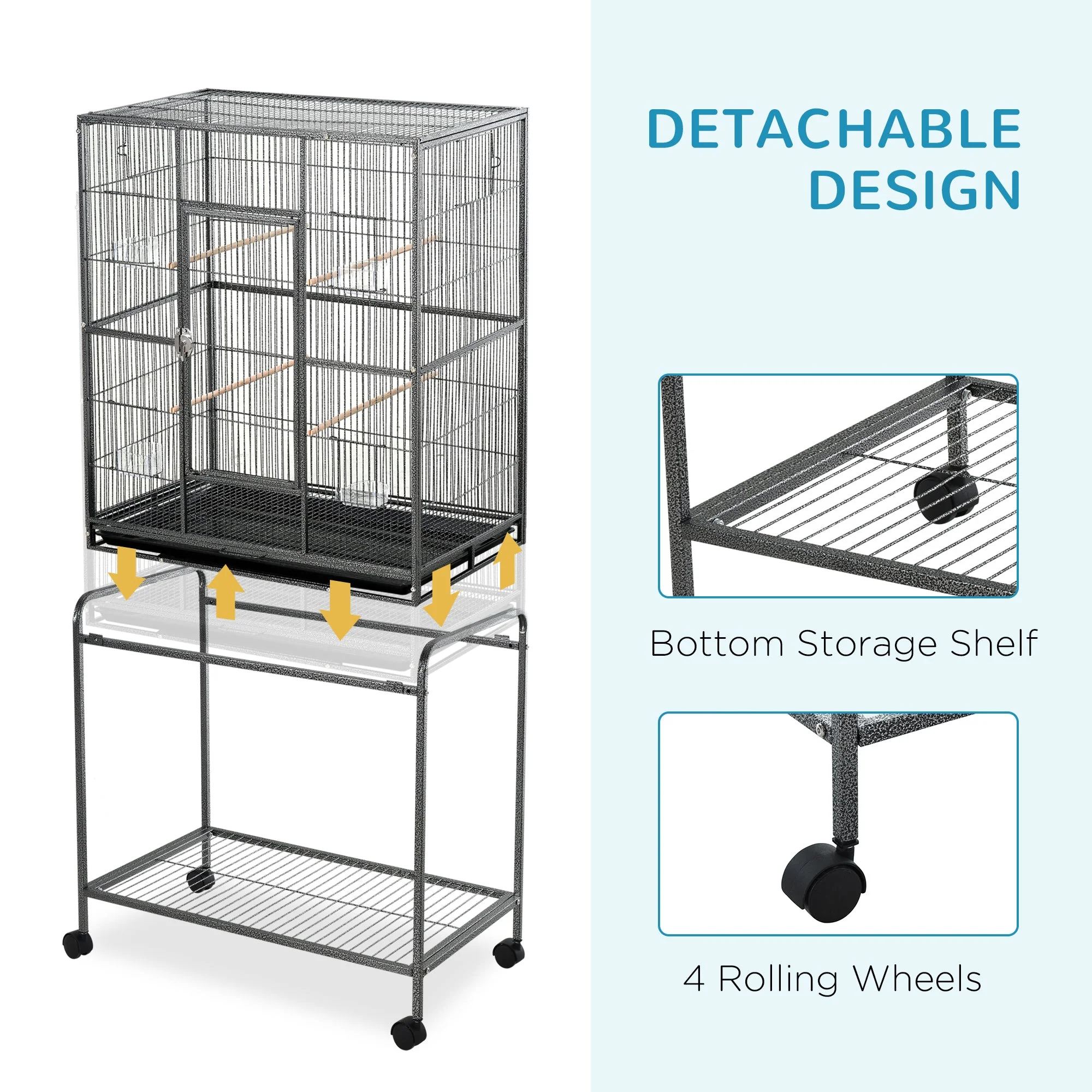 Grille 162cm Bird Cage Wheeled Grey & Black by Pawhut - Image 6