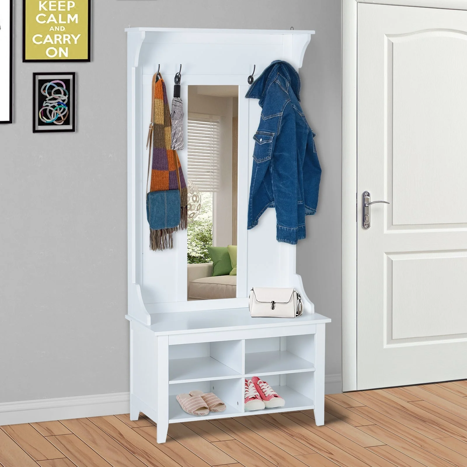 Hallway Furniture Set Shoe Bench Storage Mirror Cabinet Coat Rack Multiple Cubes Hangers Organiser Shelves w/ 4 Hooks - Image 2